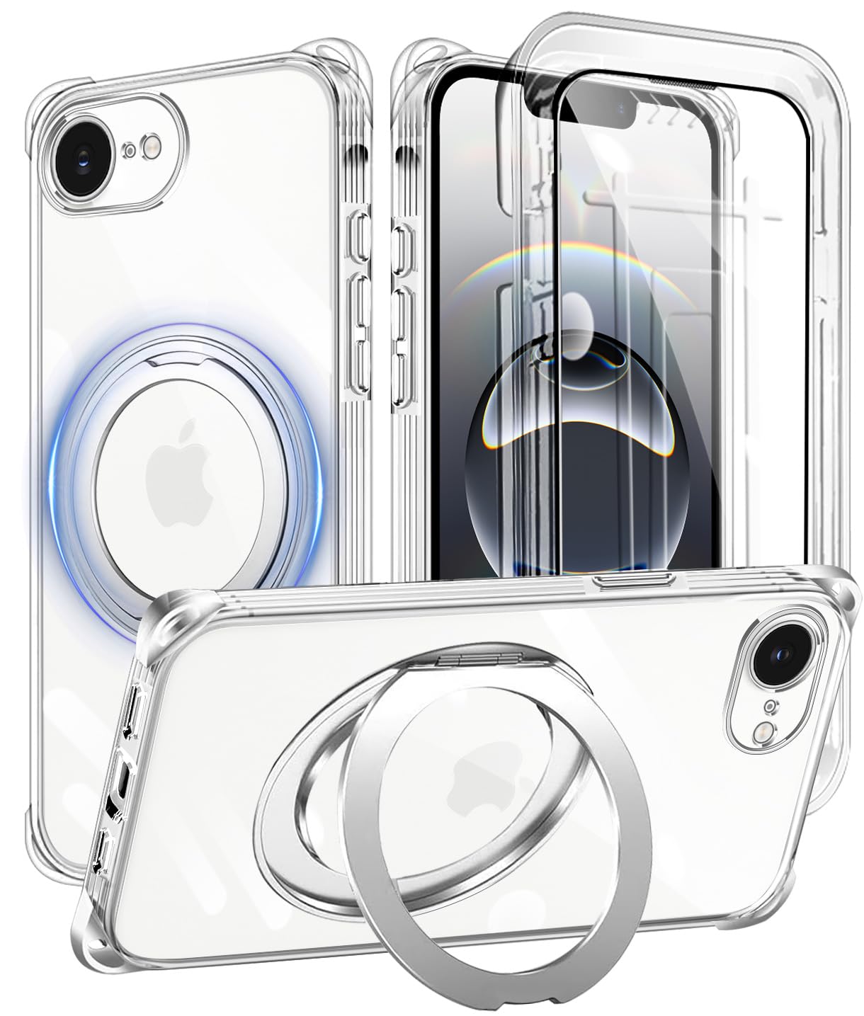 Cexitesuo For iPhone SE 第3世代 / iPhone SE2 / iPhone8 / iPhone7 ケース クリア リング付き 360°回転スタンド 縦横両対応 耐衝撃 ガラスフィルム付き アイフォン SE3 SE2 7 8 カバー 軽量 薄型 人気 iphone se 7 8 スマホケース 透明 TPU 四隅がエアクッション構造 車載ホルダー対応 (クリア)