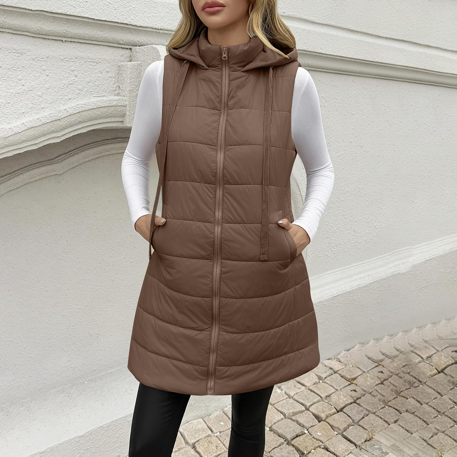 Women's Puffer Vest Hooded Zip Up Front Casual Long Quilted Gilet