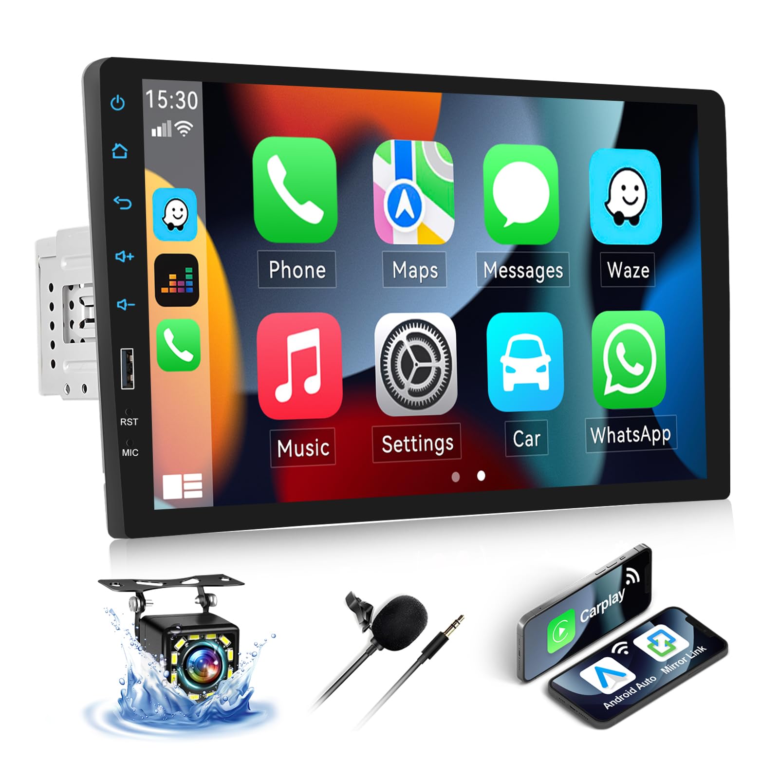 SIXWIN Wiewless CarPlay 1 DIN Radio Coche Bluetooth,9 Pulgadas Pantalla Táctil Estéreo Coche Manos Libres Radio FM con Android aotu Mirrorlink,Carga rápida,Bluetooth/USB/AUX/AUX-in+Cámara