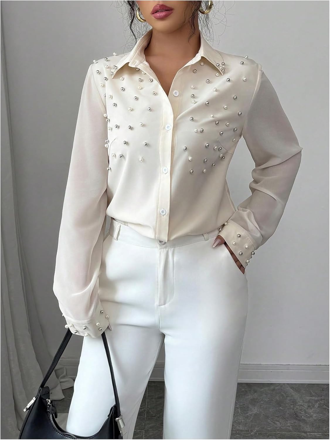 SweatyRocks Women's Pearl Elegant Tops Button Down Shirts Long Sleeve Work Office Blouse - Image 5