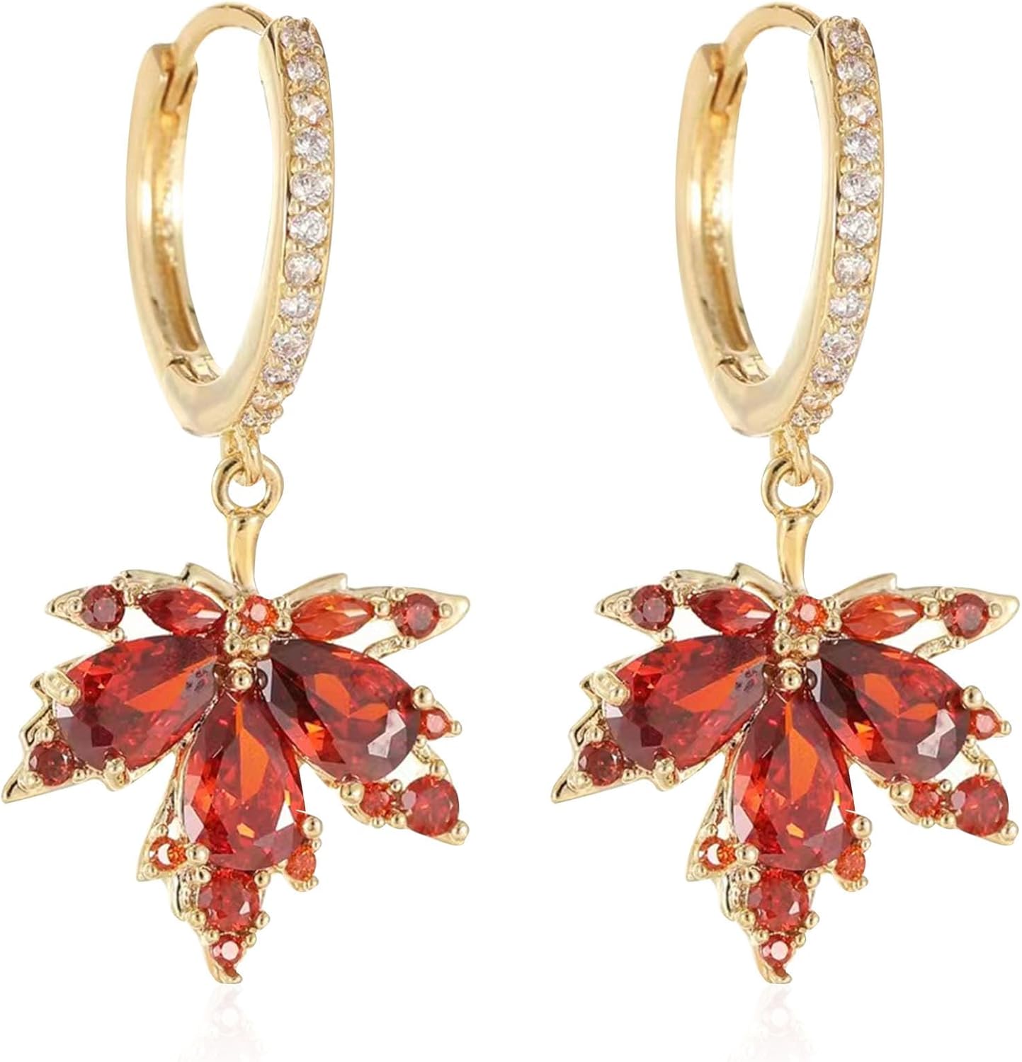 Orange Maple Leaf Dangle Drop Small Gold Hoop Huggie Earrings for Women, Cute Sparkly Crystal Cubic Zirconia Rhinestone Fall Autumn Holiday Accessories Jewelry Gift