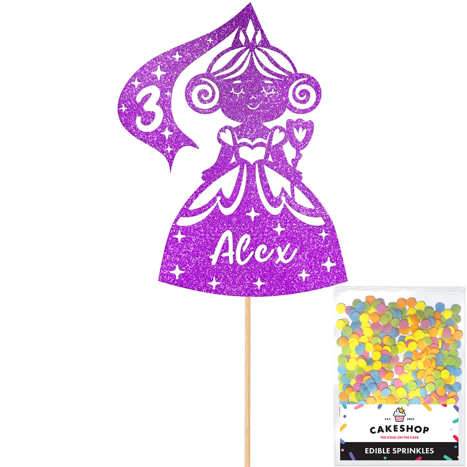 Personalised Birthday Princess Glitter Cake Topper- Purple Any Custom Age & Name Glitter Cake Decoration and Sprinkles - Happy Birthday Decorations - Personalised Toppers for Cakes by Cakeshop