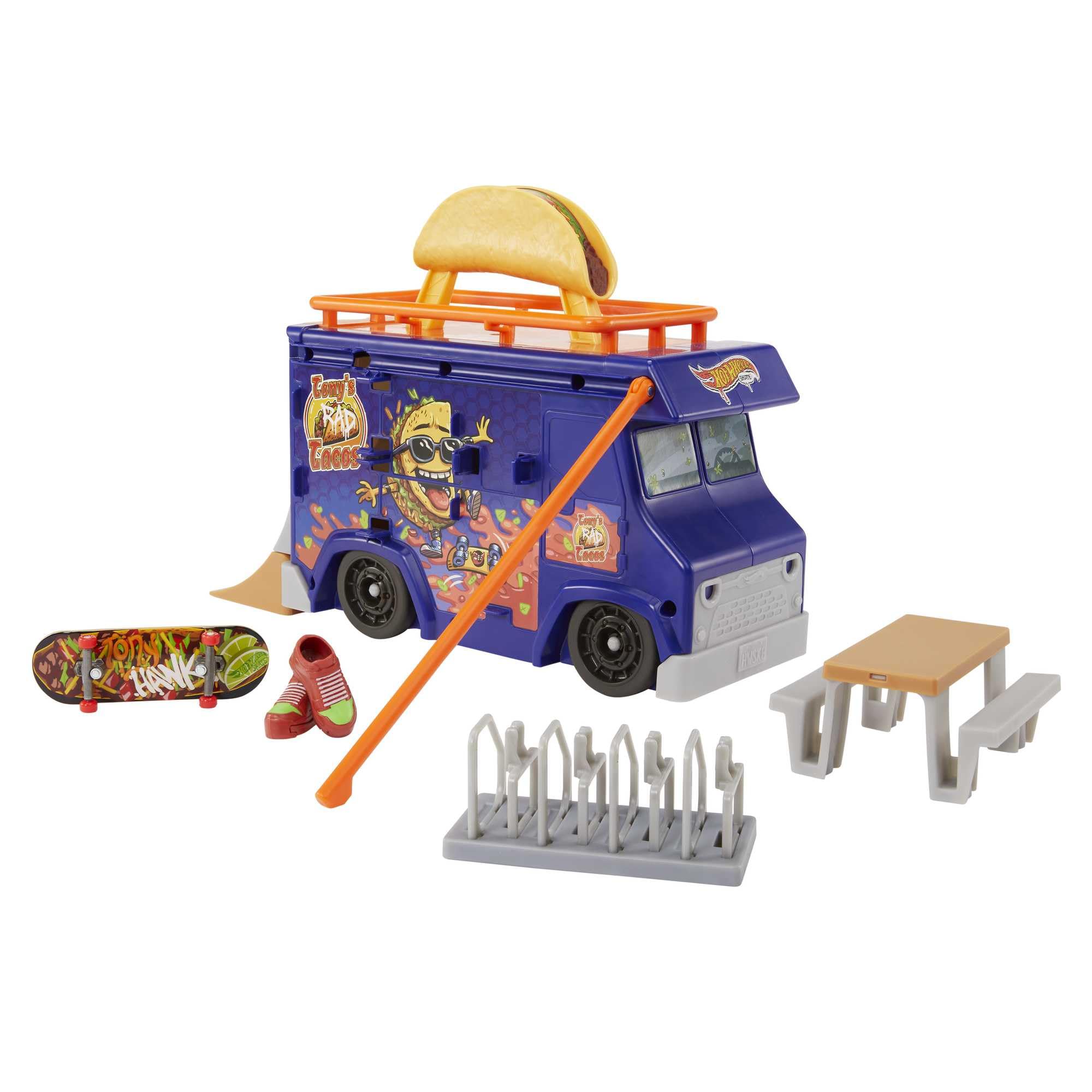 Hot Wheels Skate - Skatepark portatile, Valigetta Taco Truck con 1 Mini Skate esclusivo e 1 paio di scarpine rimovibili inclusi, playset portatile e spazioso, giocattolo per bambini, 5+ anni, HMK00