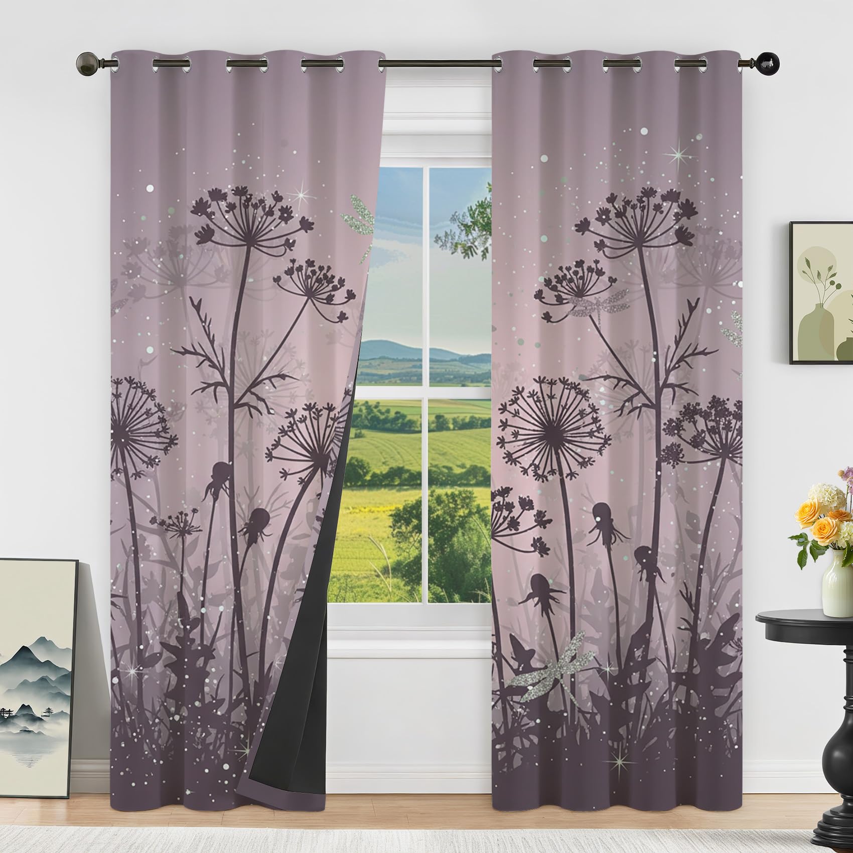 Lila Pusteblume Libelle Vorhänge Blickdicht Wohnzimmer Romantisch Blumen Motiv Vorhang mit ösen Gardinen 175 cm Hoch 2er Set Verdunklungsvorhänge für Schlafzimmer Fenster