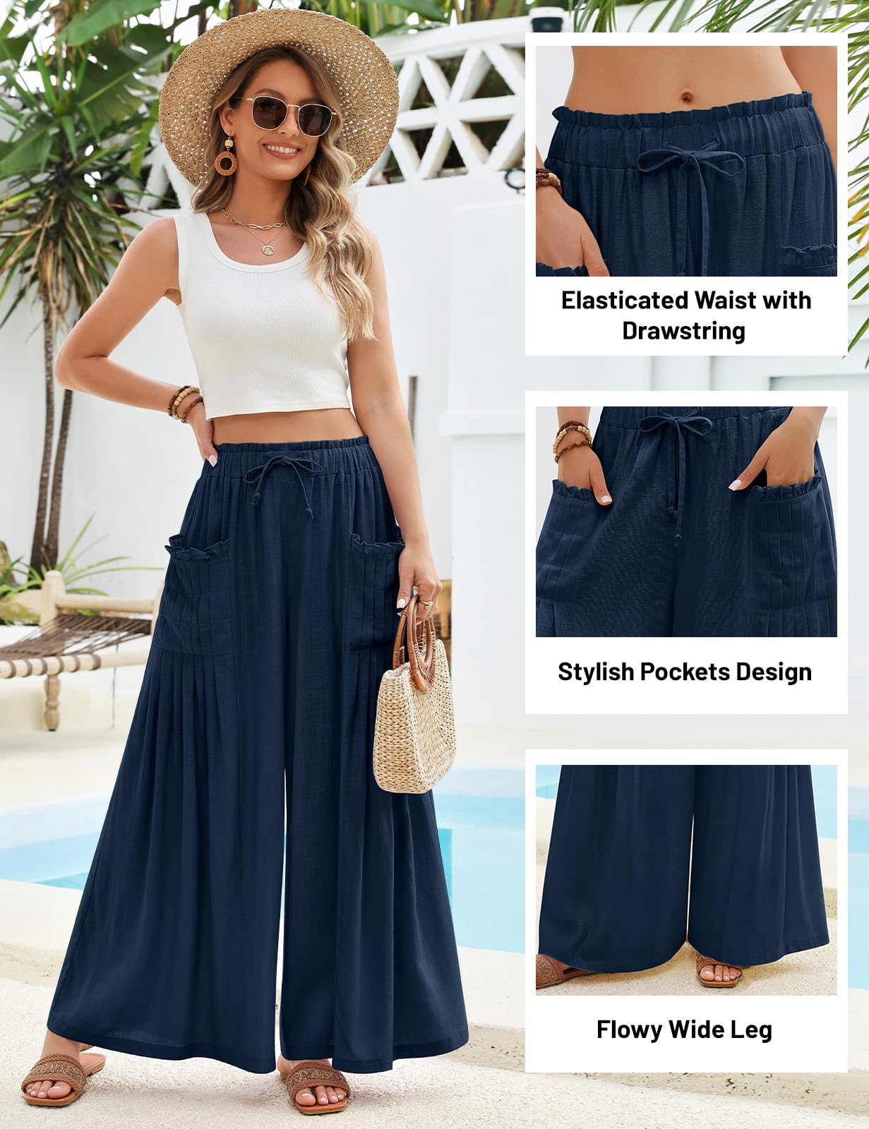 Pantalon Femme Fluide Été Pantalons Lin à Jambes Larges Taille Haute Elastique Chic et Elegant Pantacourt Ample avec Cordon de Serrage Longueur Pants avec Plissé Poches