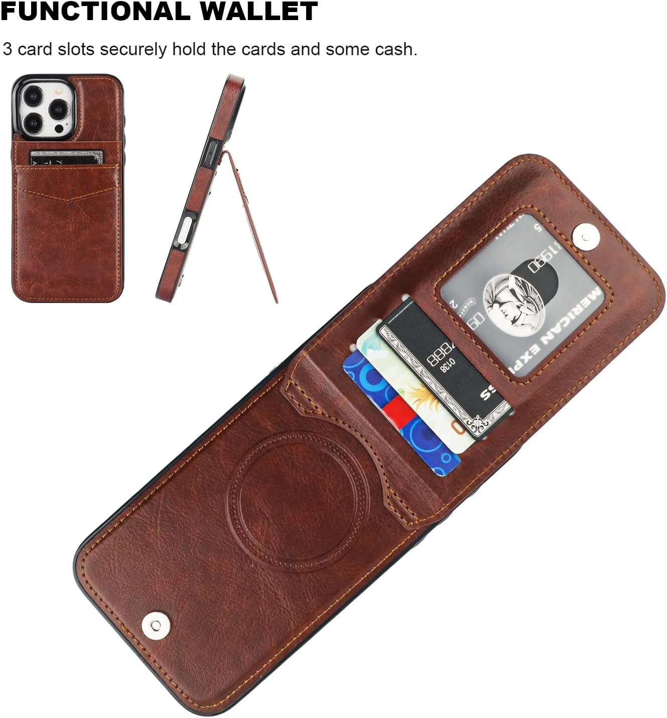 KIHUWEY for iPhone 16 Pro Max Case Wallet Compatible with MagSafe Wireless Charging, Credit Card Holder, RFID Flip Leather Magnetic Clasp Kickstand Heavy Duty Protective Cover 6.9 Inch (Brown)