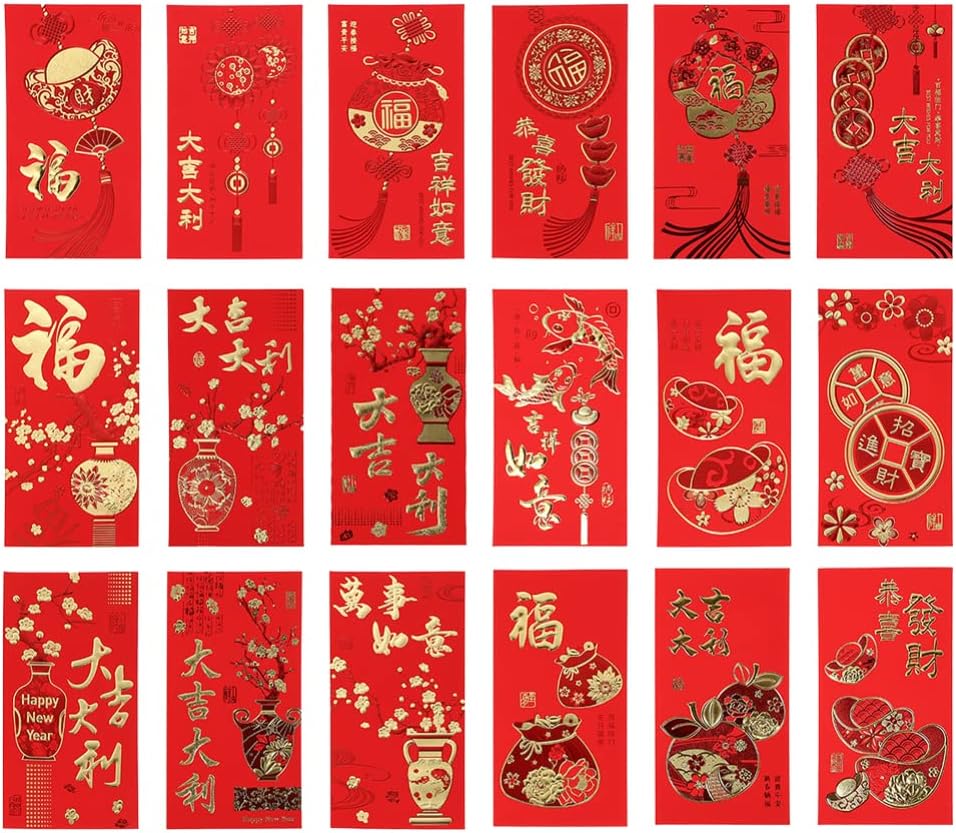 Nuolux 18個 新年 お年玉袋 お札ぽち袋 祝儀袋 かわいい 福袋 灯籠柄 金封 干支 紅包 赤い封筒 赤パケット フェスティバル ポチ袋 お金ポケット お見舞い 春節好意 新登場