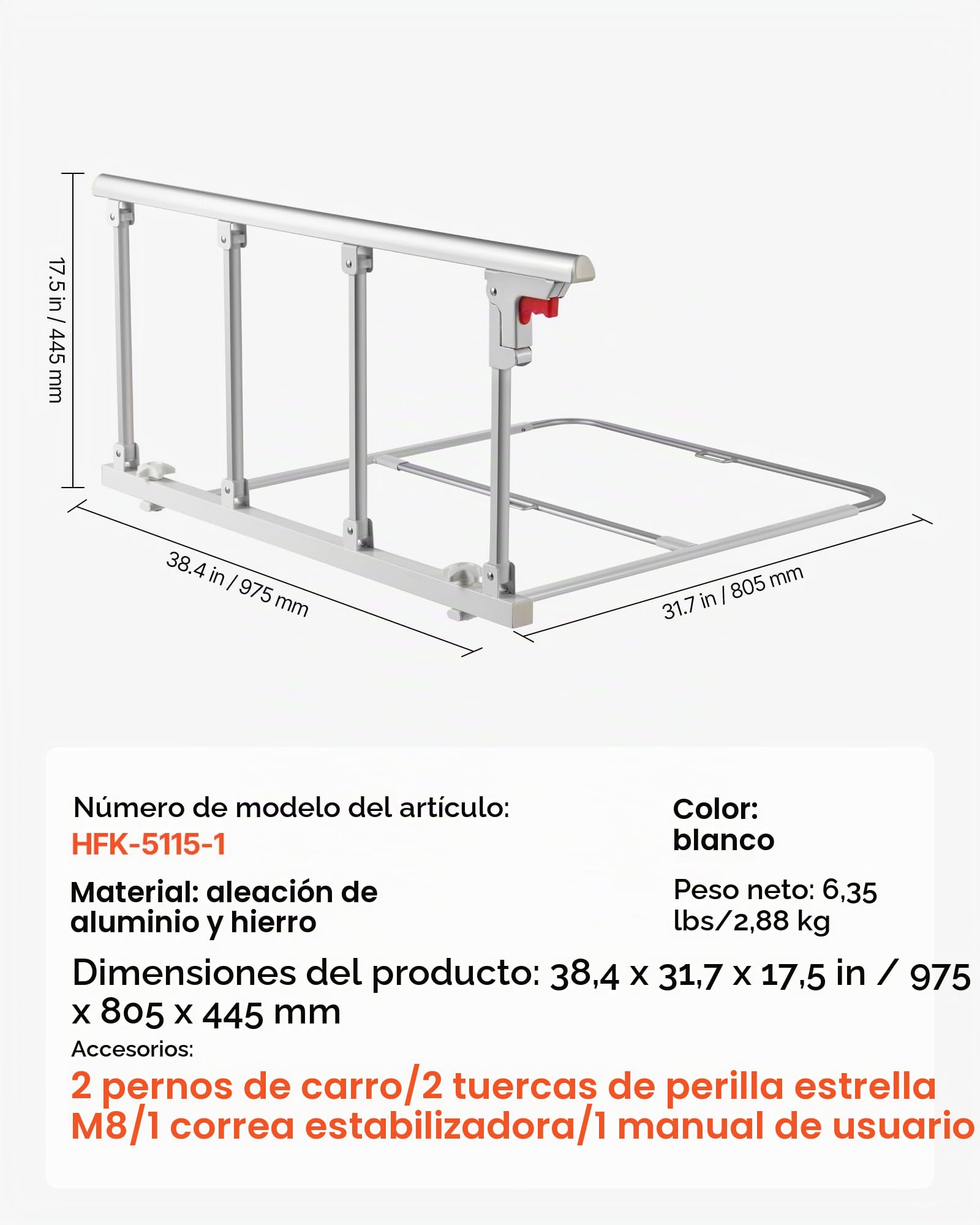 VEVOR Barandilla de Cama Plegable a Personas Mayores, 97 cm, con Correa de Sujeción, Protección Anticaídas y Protección de Bordes, Compatible con Camas King, Queen, Matrimoniales e Individuales