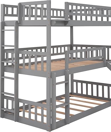 Miniatura 8 de Literas triples 3 camas en 1 con tobogán convertible literas de madera maciza individual sobre individual sobre individual litera triple con