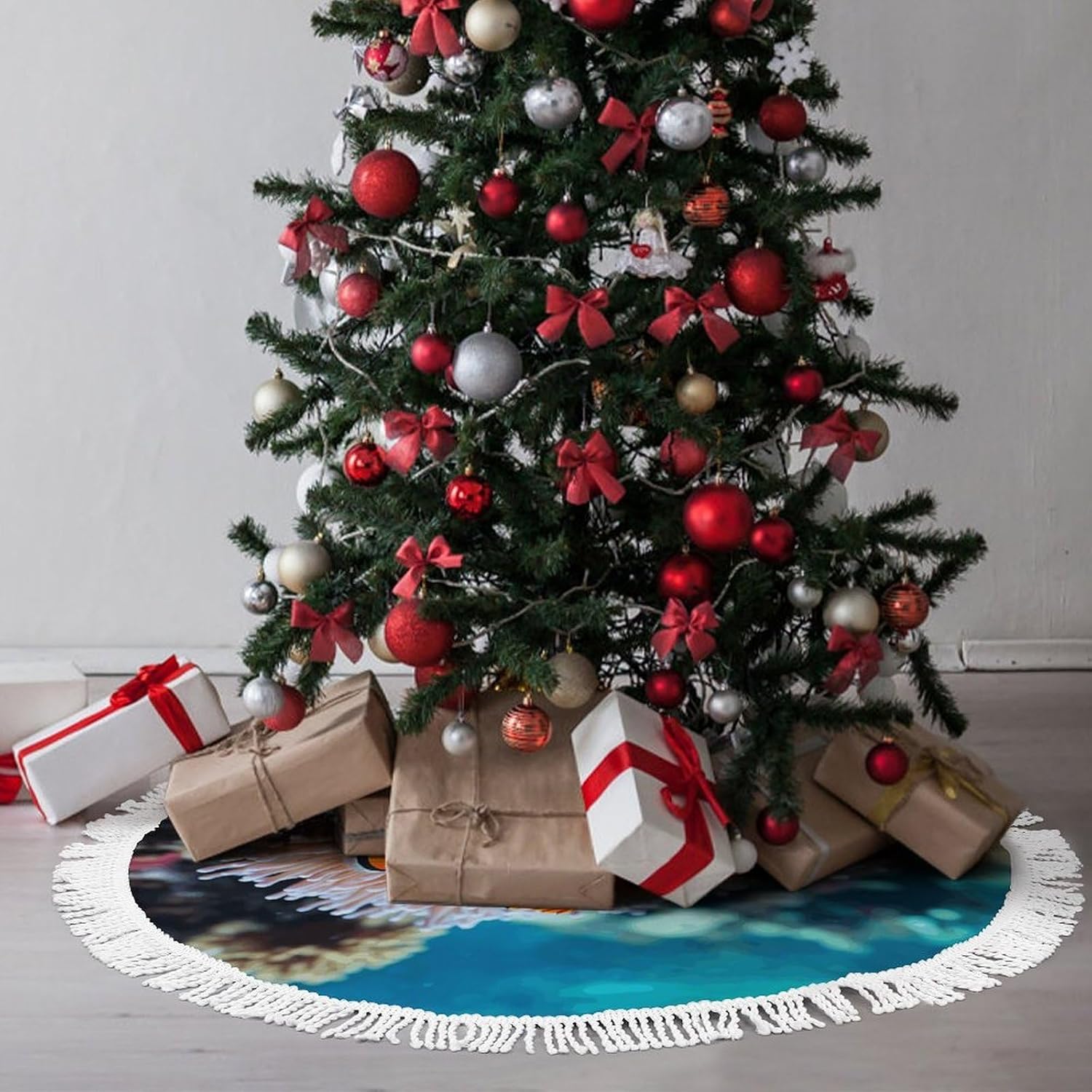 Christmas Tree Skirt with Tassel Clown Fish Xmas Tree Mat Christmas Decorations Xmas Trees Skirt for Holiday Party Home Decor Ornaments Indoor Outdoor Decor