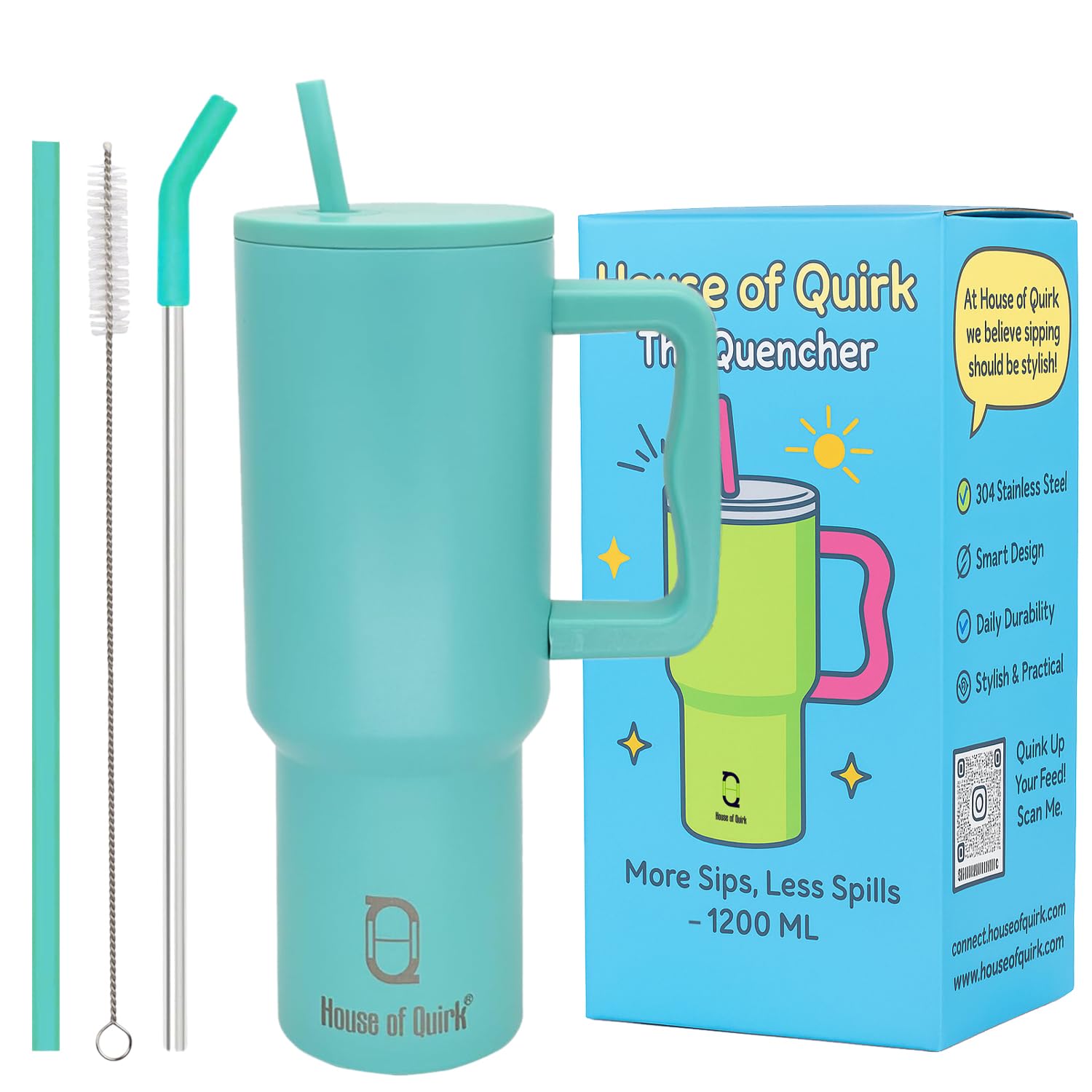House of Quirk 1200ML Stainless Steel Tumbler with Handle & Lid, 2 Straws – Large Travel Mug Water Cup for Gym, Office & Outdoor Use (Turquoise)