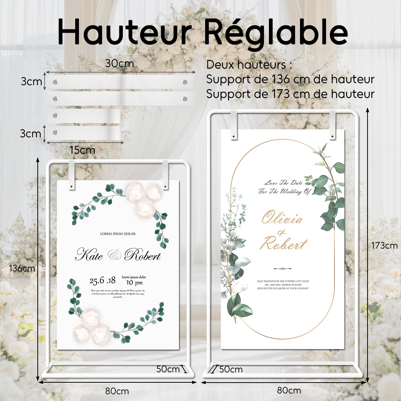 Support de panneau de mariage, 173x80x50cm, Support d'affiche de mariage réglable avec 4 sangles en cuir, adapté au plan de table, à la réception, aux affiches et à la décoration (Blanc)