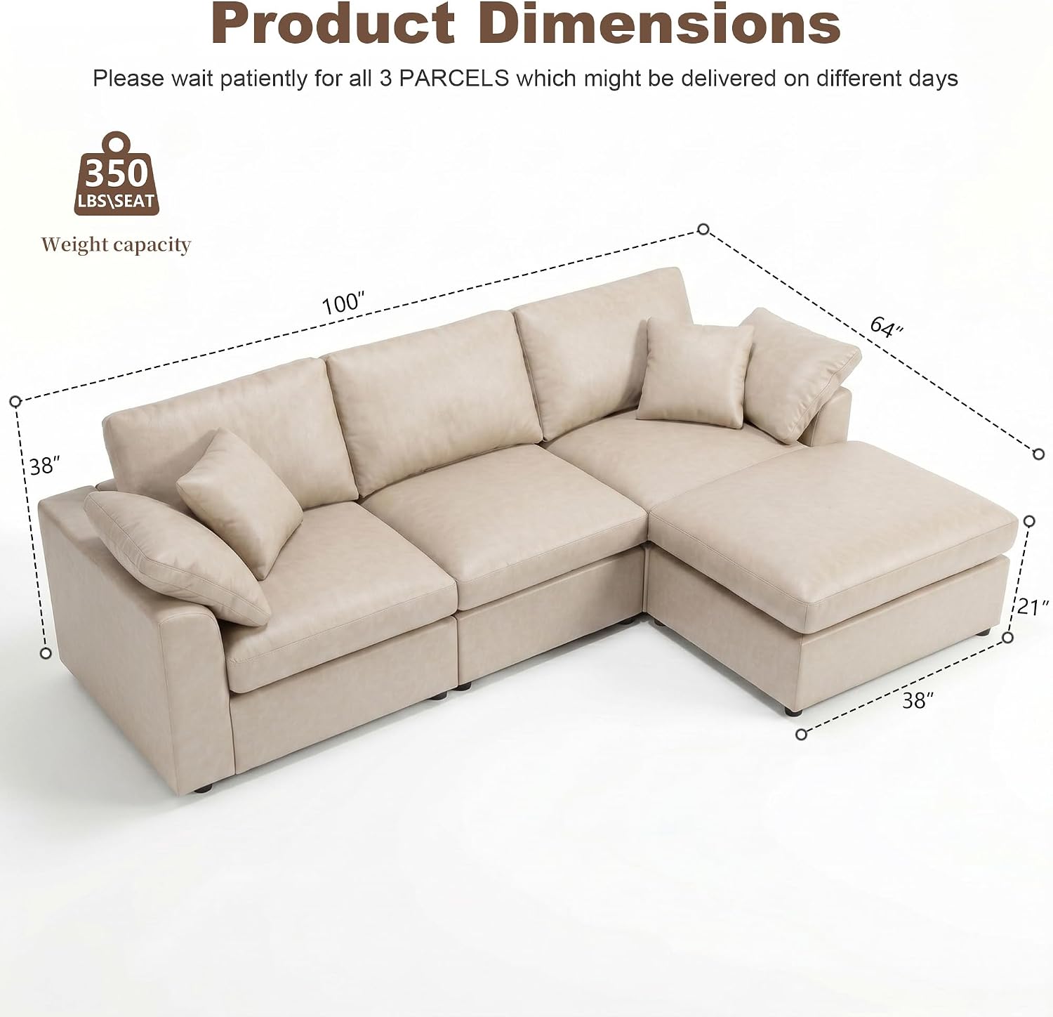100" Faux Leather Modular Sectional Sofa for Living Room, Oversized 3 Seater L Shaped Cloud Couch with Ottoman, Extra Large Deep Seat, Pet-Friendly, Easy to Clean, Beige thumbnail