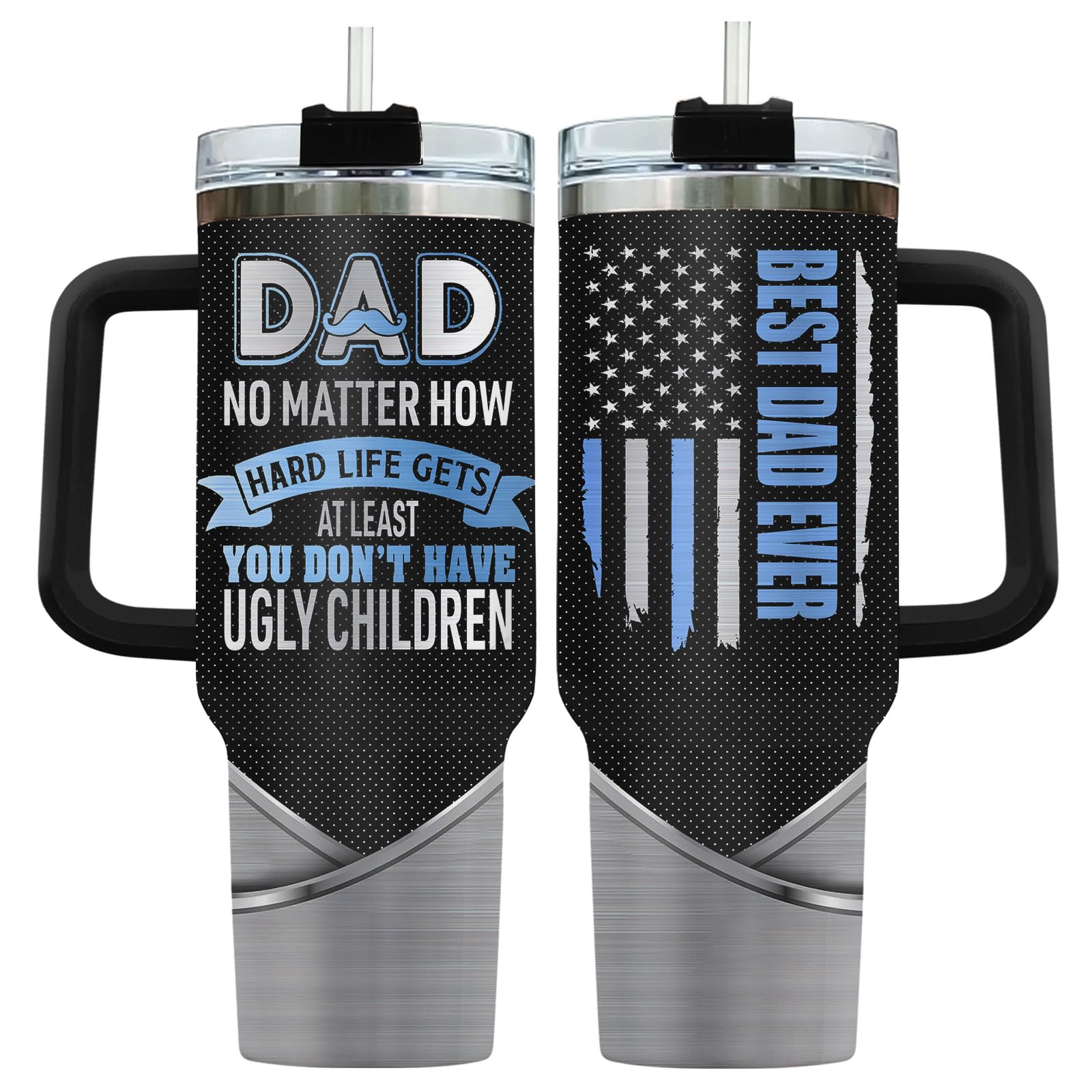 34HD Funny Dad Tumbler 40oz with Handle & Straw, Best Dad Ever Insulated Travel Coffee Mug, Special Cup for Father's Day, Appreciation Birthday