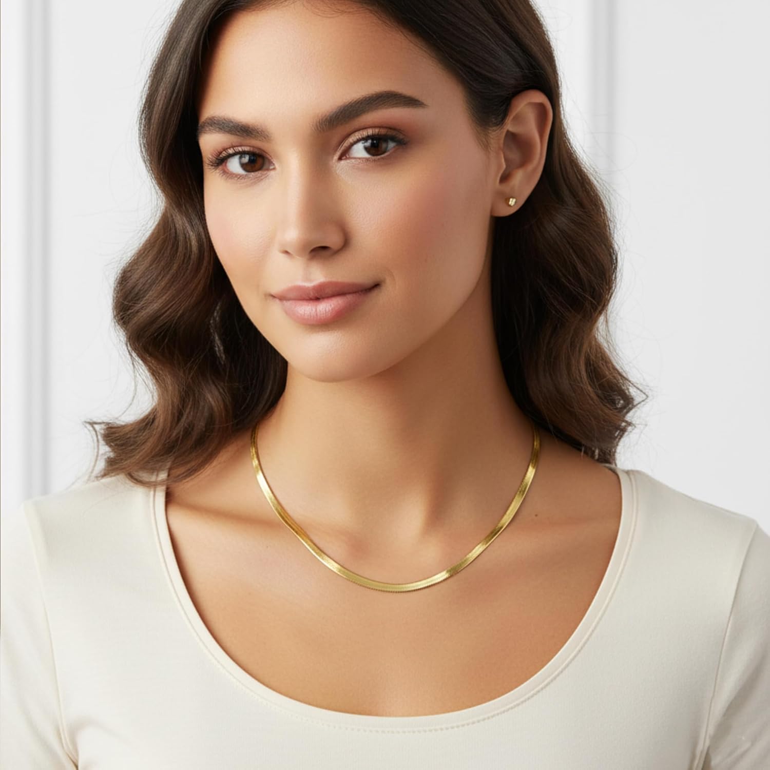 Fiusem Gold Plated Necklace for Women, 14K Gold Plated Herringbone Chain Necklaces, Snake Choker Chain for Women - Image 3