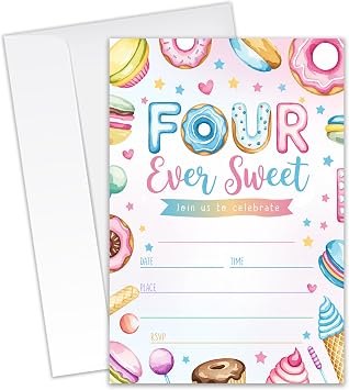Four Ever Sweet - 4th Birthday Party Invitations for Girls, Boys, Kids - 20 invitation Cards 4"x6" with Envelopes - Sweet 4th Birthday Party Invites.171
