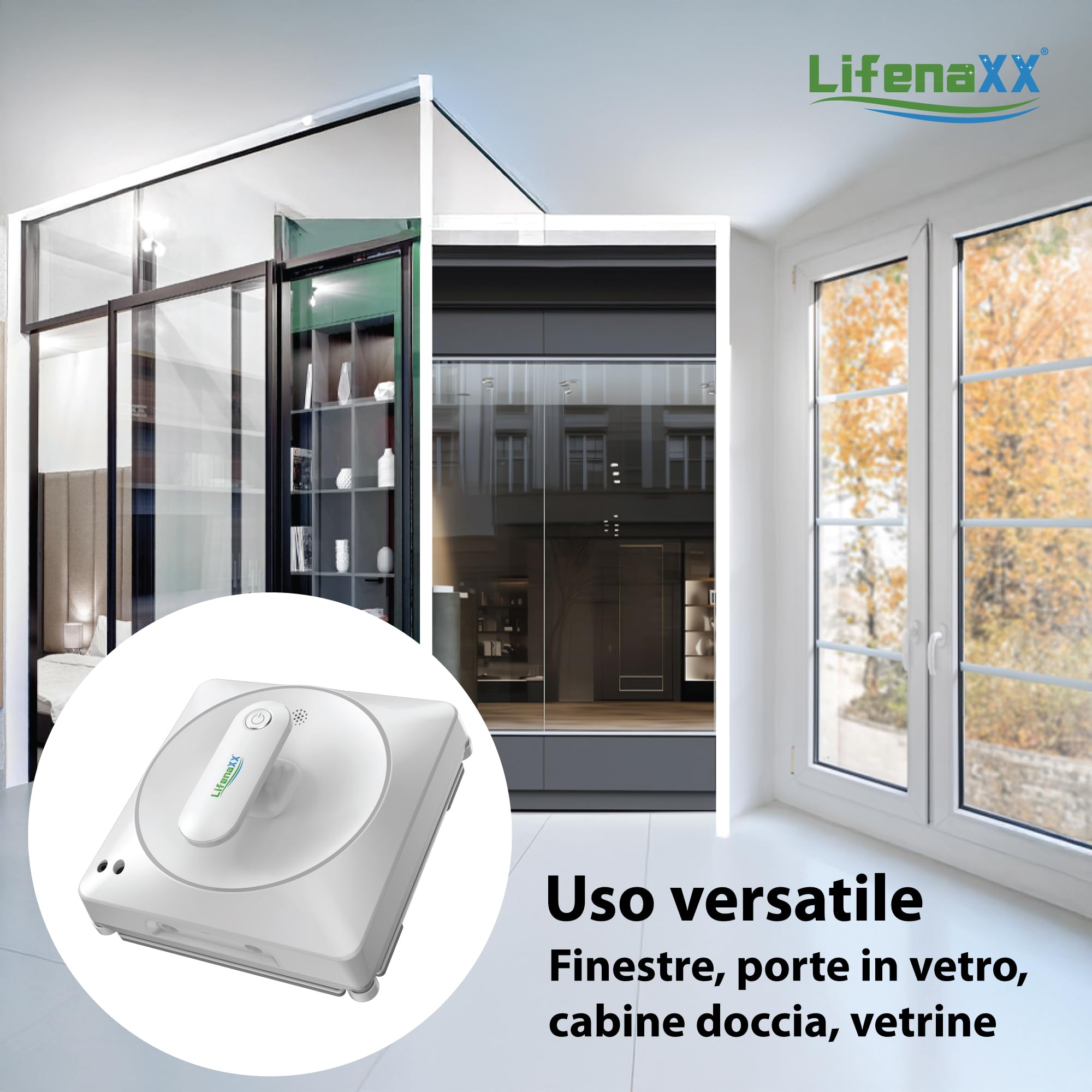 Robot lavavetri Lifenaxx LX-047, pulitore per finestre elettrico con 4 ugelli spray, alta potenza di aspirazione da 4500Pa, grande serbatoio da 100 ml, 4 programmi di pulizia e telecomando