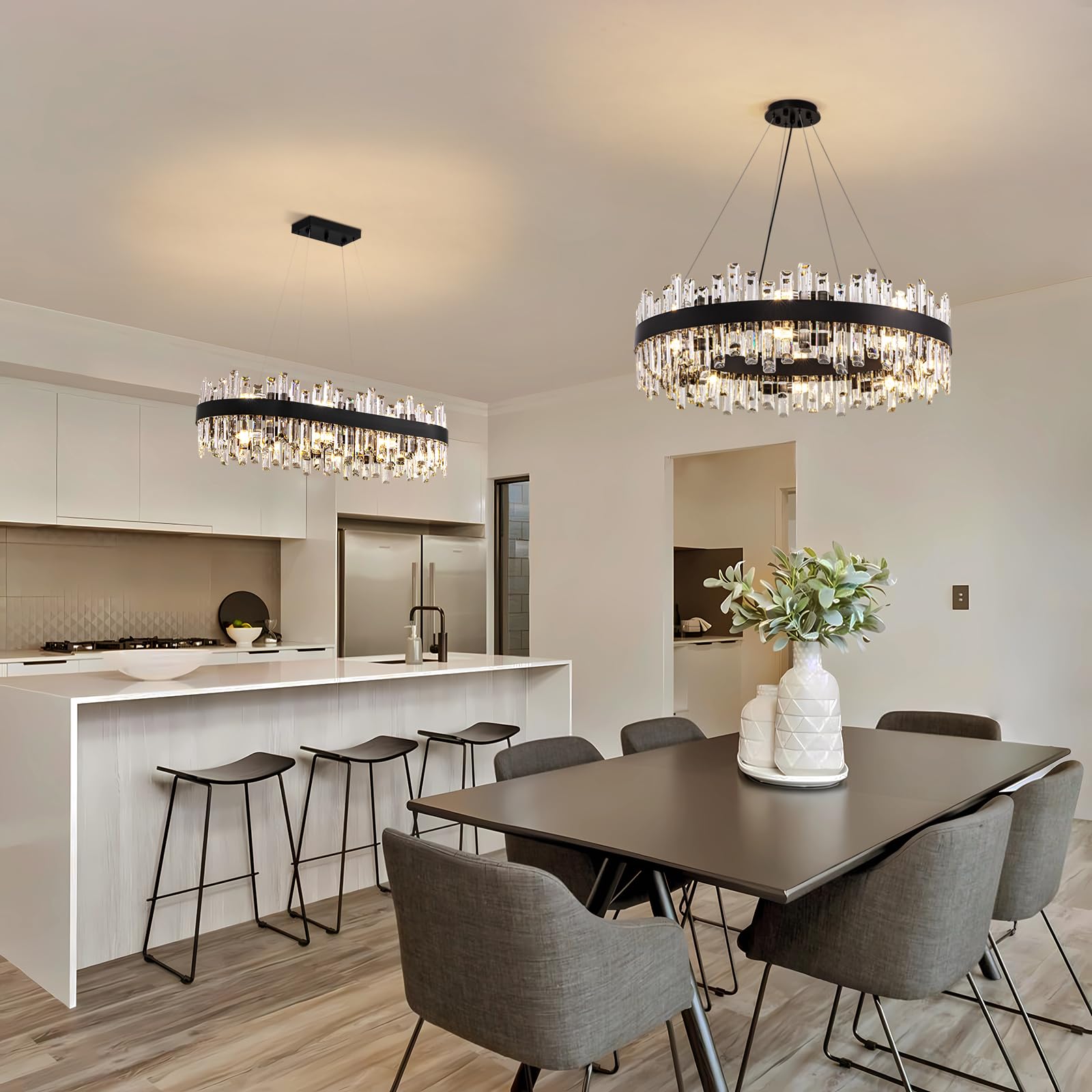 siljoy modern crystal chandelier 16-light farmhouse black round crystal raindrop chandelier industrial dimmable crystal pendant ceiling light fixture for dining living room entryway foyer d31.5''