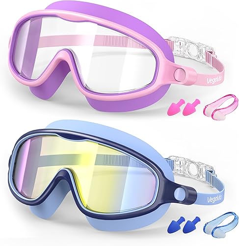 Paquete de 2 gafas de natación para niños, con protección UV antivaho, visión amplia, para niños de 3 a 15 años