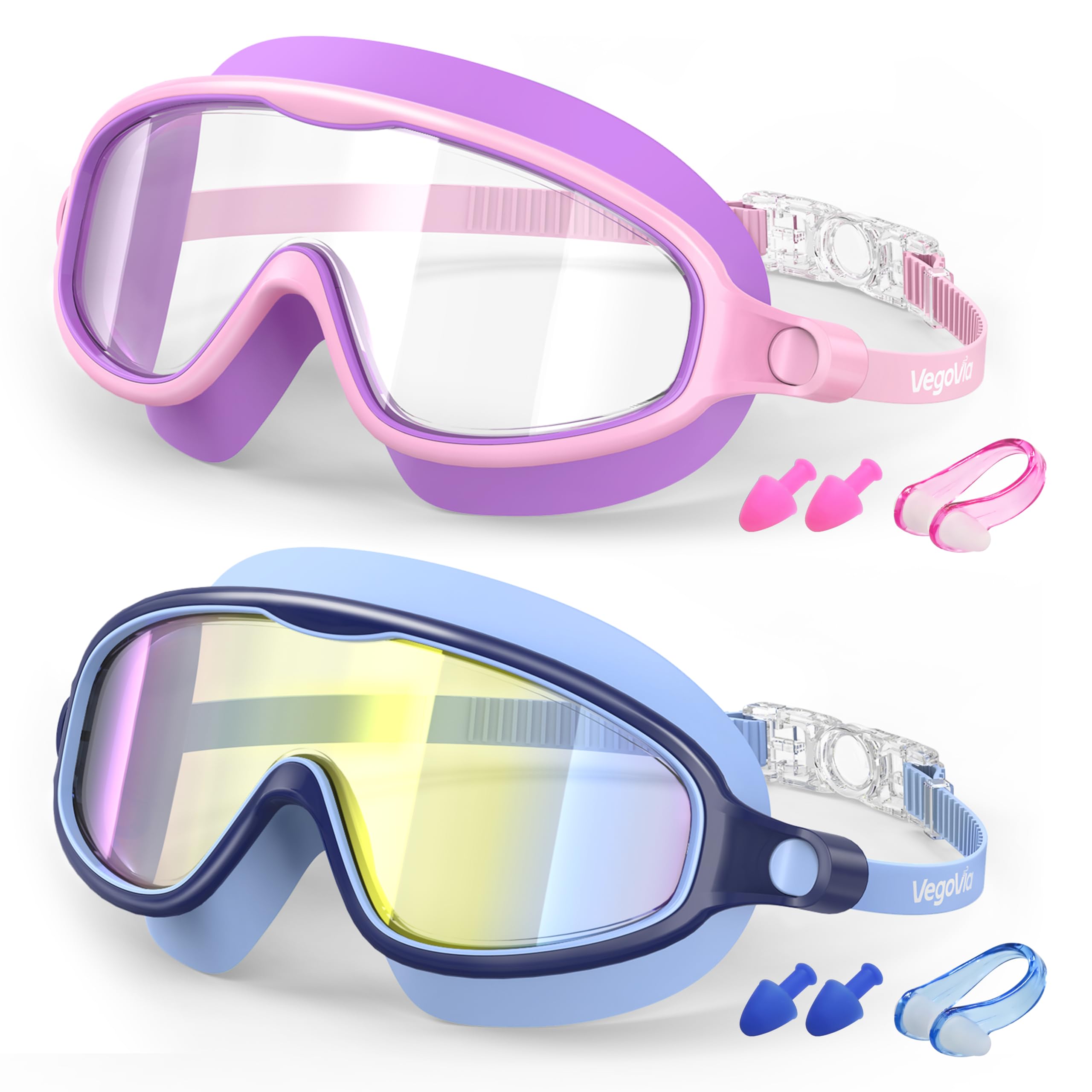 VegoVia Gafas de natación para niños, paquete de 2, antivaho, protección UV, visión amplia, gafas de natación para niños de 3 a 15 años, niños y niñas pequeños