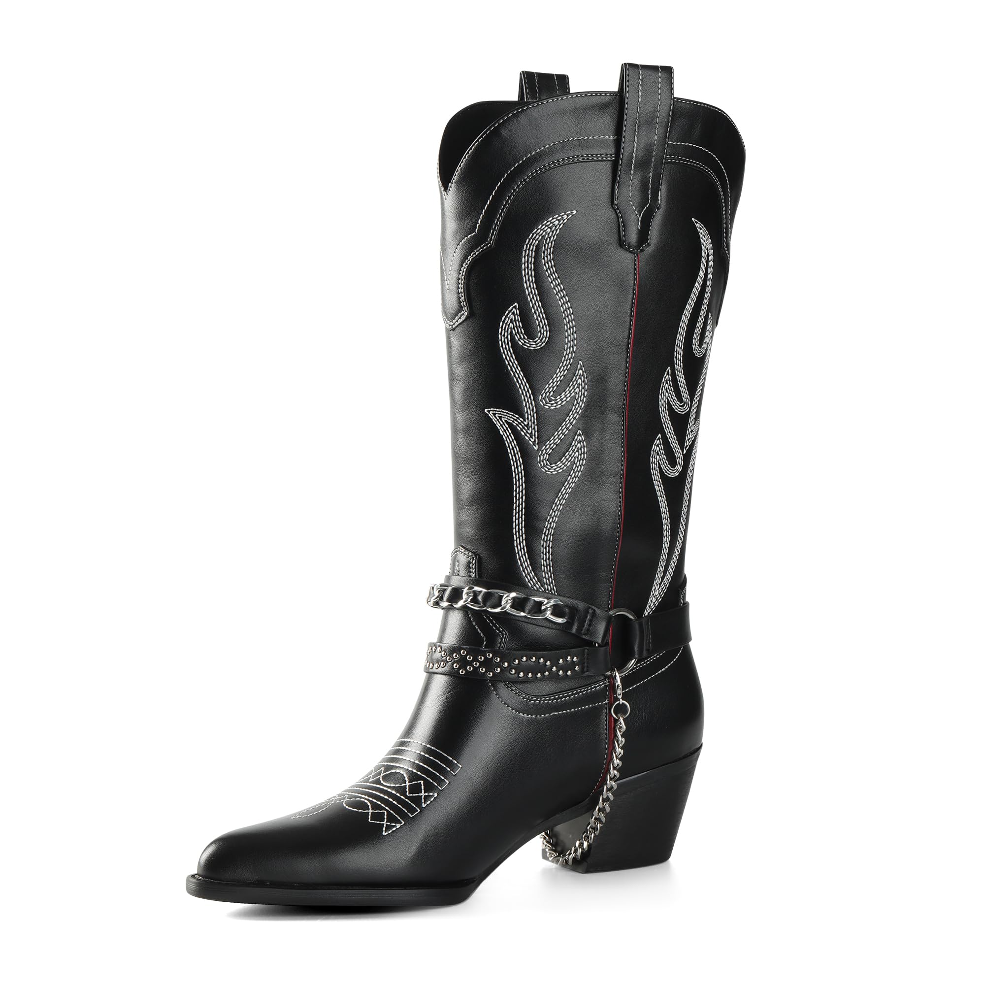 iiimmu Cowboy Boots for Women with Chain, Mid Calf Pointy Toe Chunky Heel Women's Western Boots with Embroidered, Pull on Style, Faux Leather