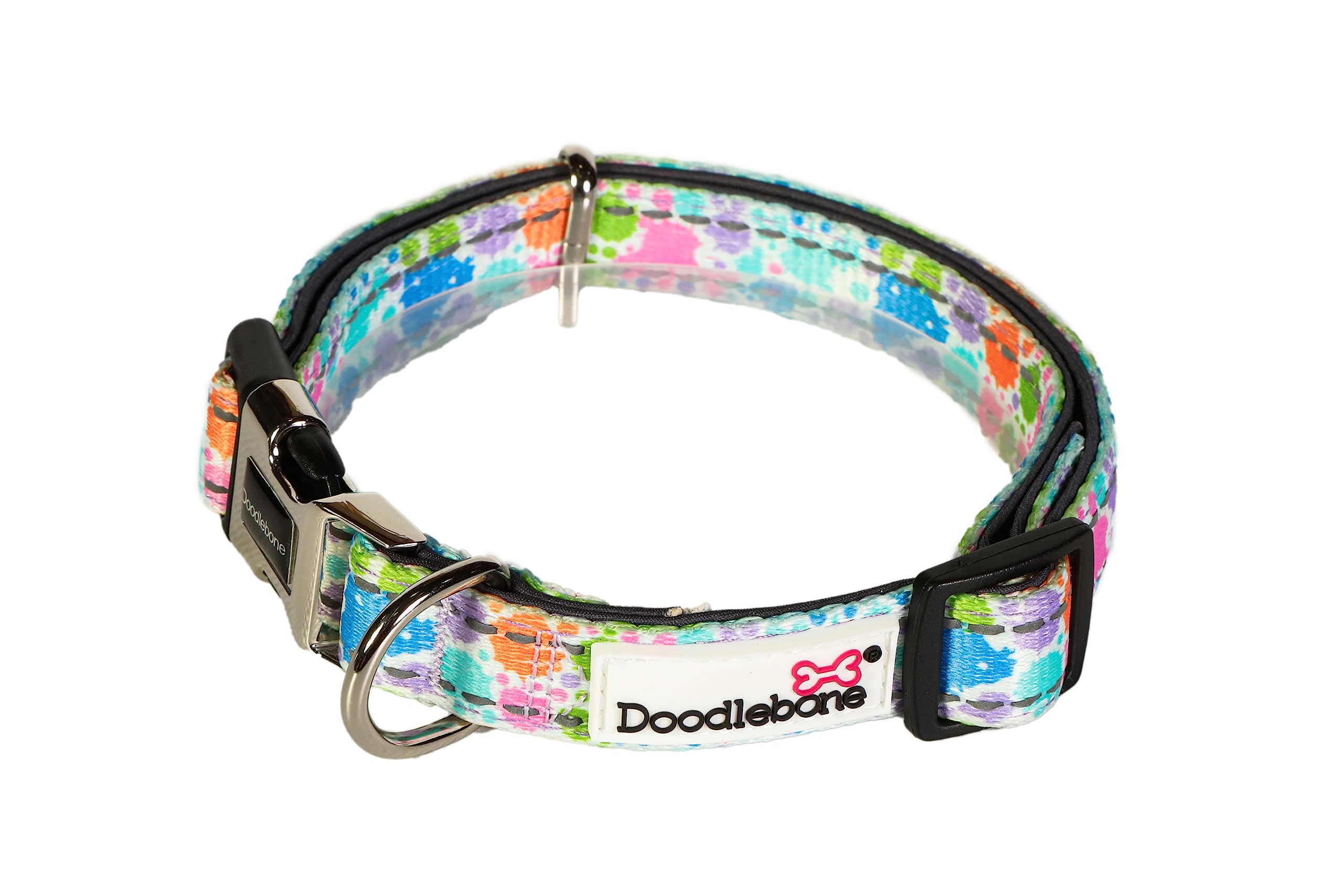 Doodlebone – Padded Dog Collar – Adjustable Breathable Comfort Collar with Reflective Stitching, Strong D Ring & Durable Metal Buckle for Daily Walks – Size 6-11 50–70cm - Pastel Paint Splat