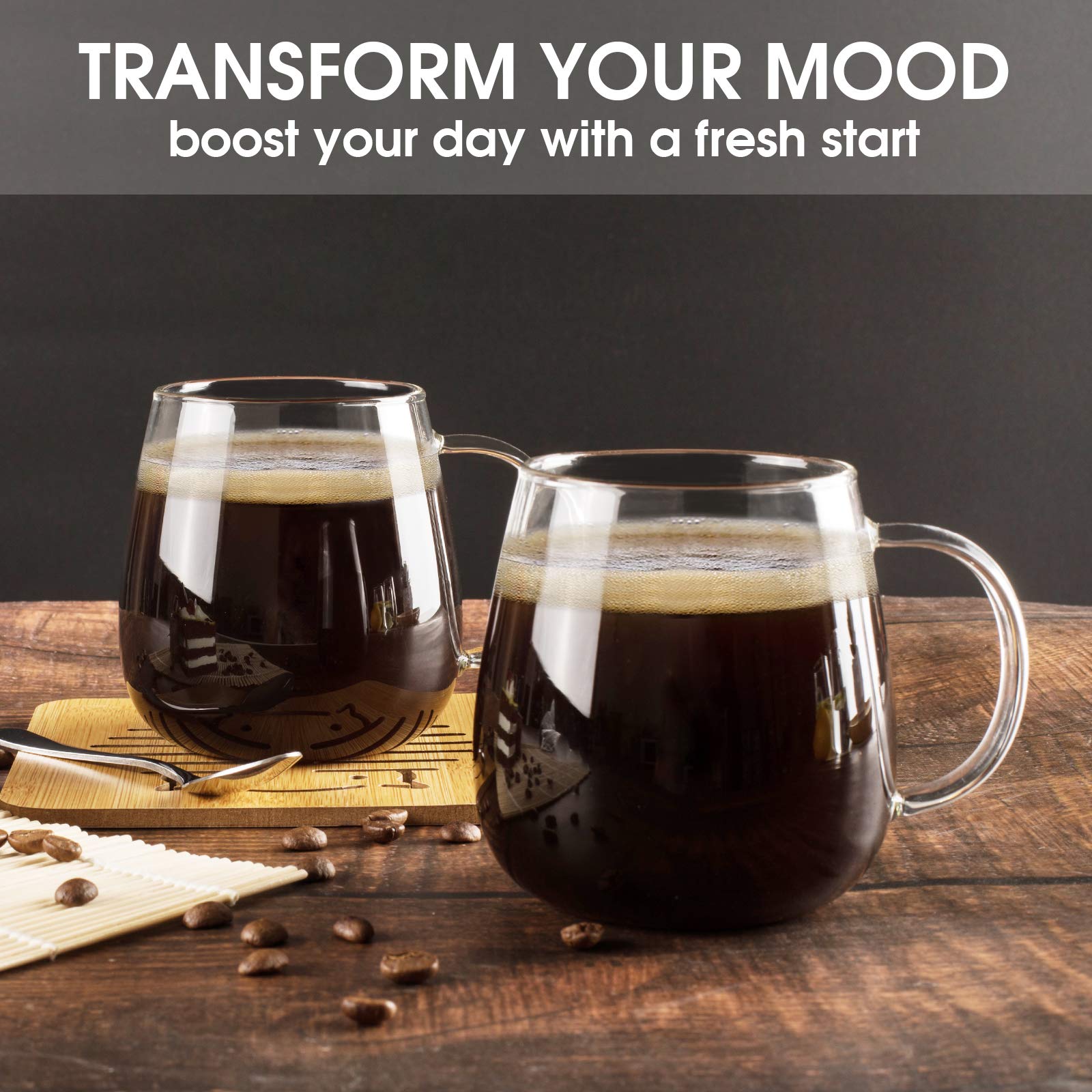 Farielyn-X Glass Coffee Mugs Set of 6, Microwave Safe Borosilicate Glass Cups, 15 Ounce Large Mugs Gifts for Family, latte, Chocolate & Beverage, Mocha, Cappuccino, Tea and Water, Clear Drinking Cups