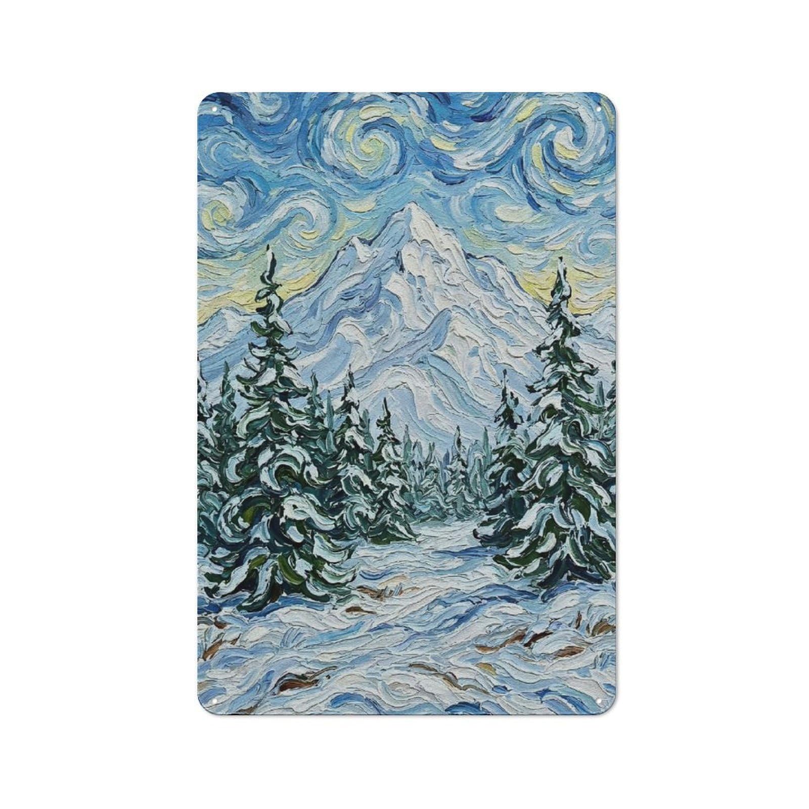 Junmoney Style-22 Metal Wall Sign 30X20cm Featuring Snowy Mountain Landscape Painting For Bar Or Restaurant, Gift For Bar Decor Enthusiasts During The Christmas Season