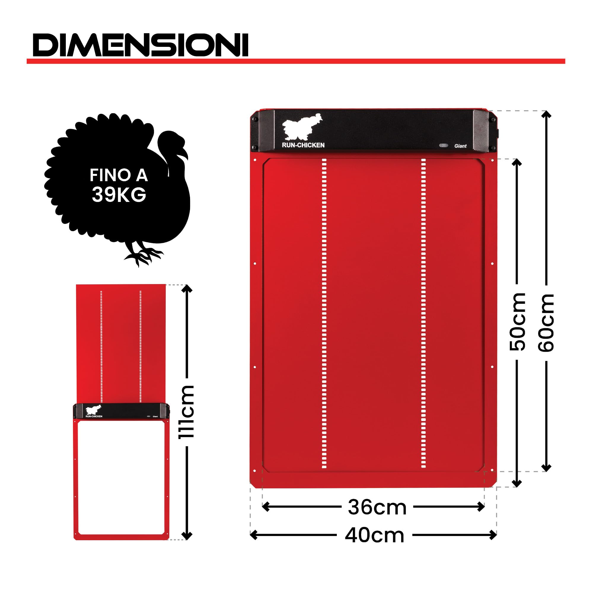 Porta automatica Run-Chicken GIANT rossa per grandi volatili. Apertura 36 x 50 cm, alluminio resistente alle intemperie. Timer o GPS e sistema di sicurezza anti-schiacciamento.