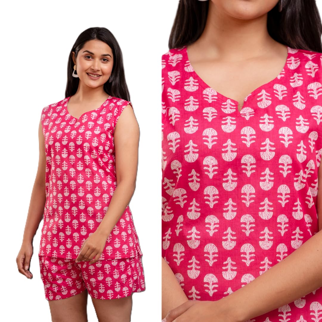 Womens Cotton Printed Night Suit Sleeveless Lounge Shorts Set-image-15