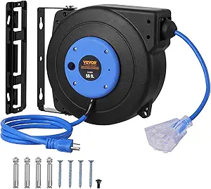 VEVOR Retractable Extension Cord Reel, 50 FT, Heavy Duty 14AWG/3C SJTOW Extension Power Cord with Lighted Triple Tap Outlet, 13A Circuit Breaker 180° Swivel Bracket for Ceiling or Wall Mount, Blue