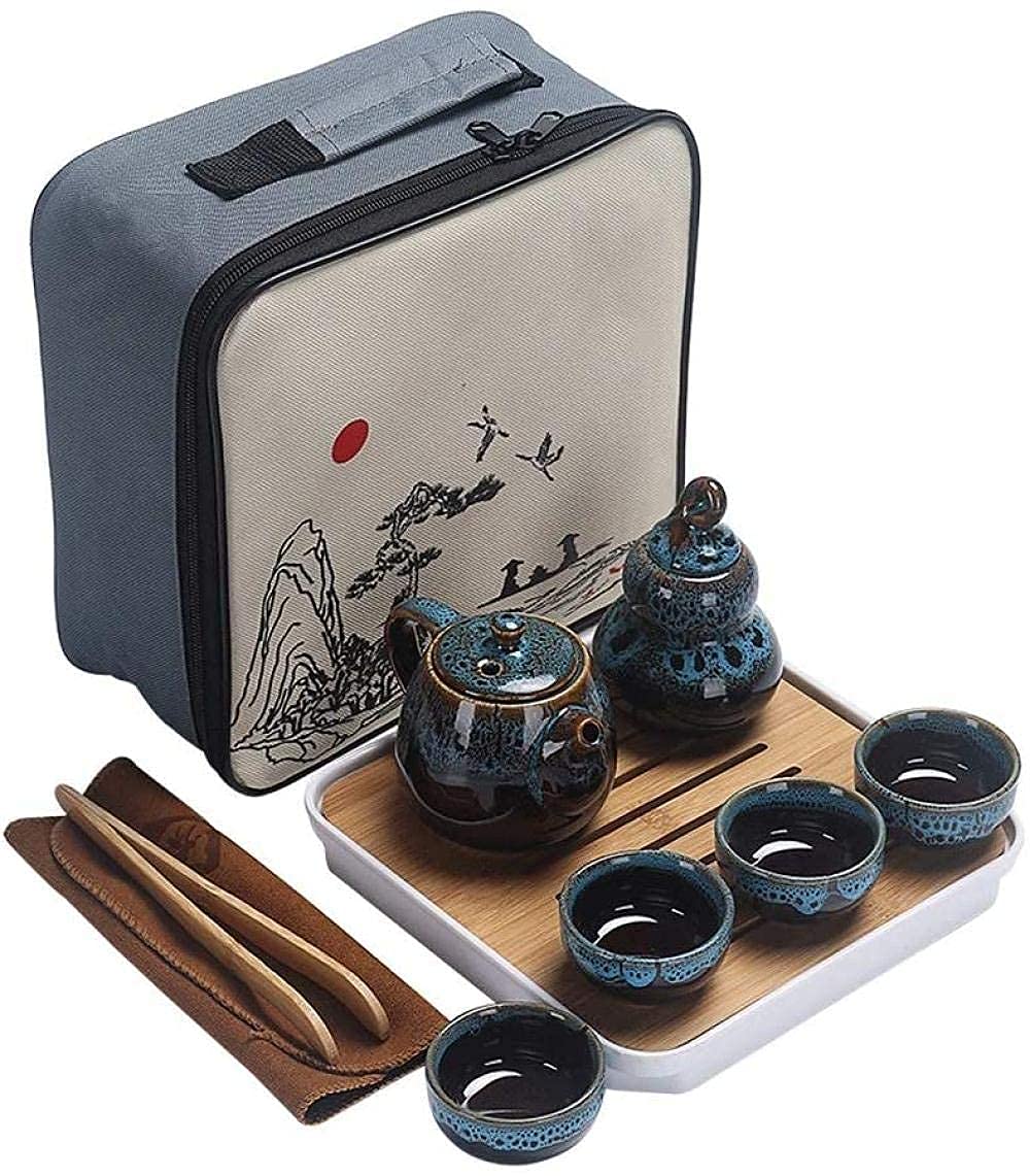 Tyuhduyur Chinese Portable Tea Set Include 1 Teapot 4 Teacups 1 Tea Caddy Teapot Kettle Chinese Travel Ceramic Portable Teaset With Bag