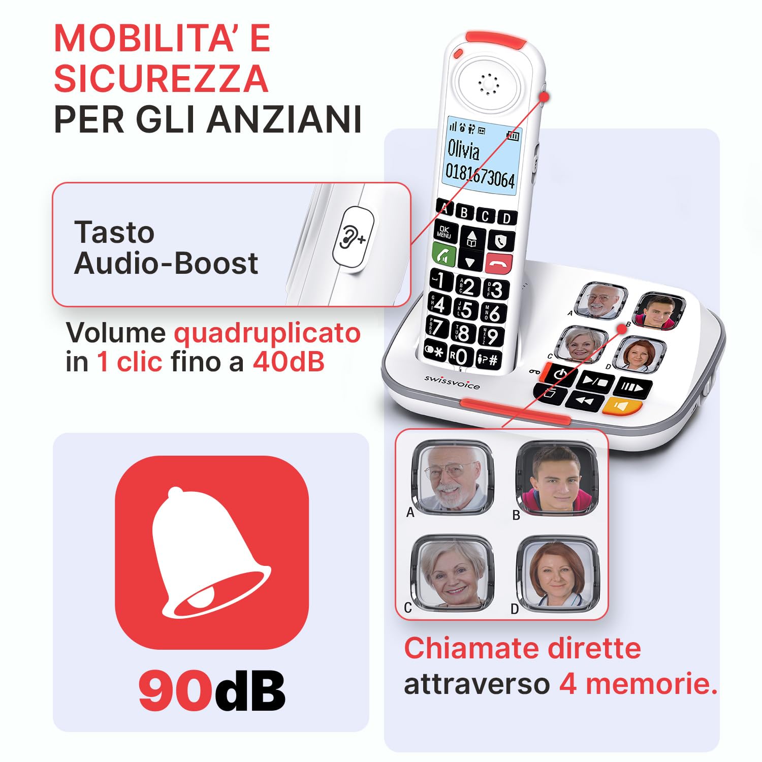 SWISSVOICE - Xtra 2355 - DECT - Telefono fisso cordless per anziani con segreteria - Tasti grandi - Audio Boost - Suonerie forti - Compatibile con apparecchi acustici - Blocco chiamate