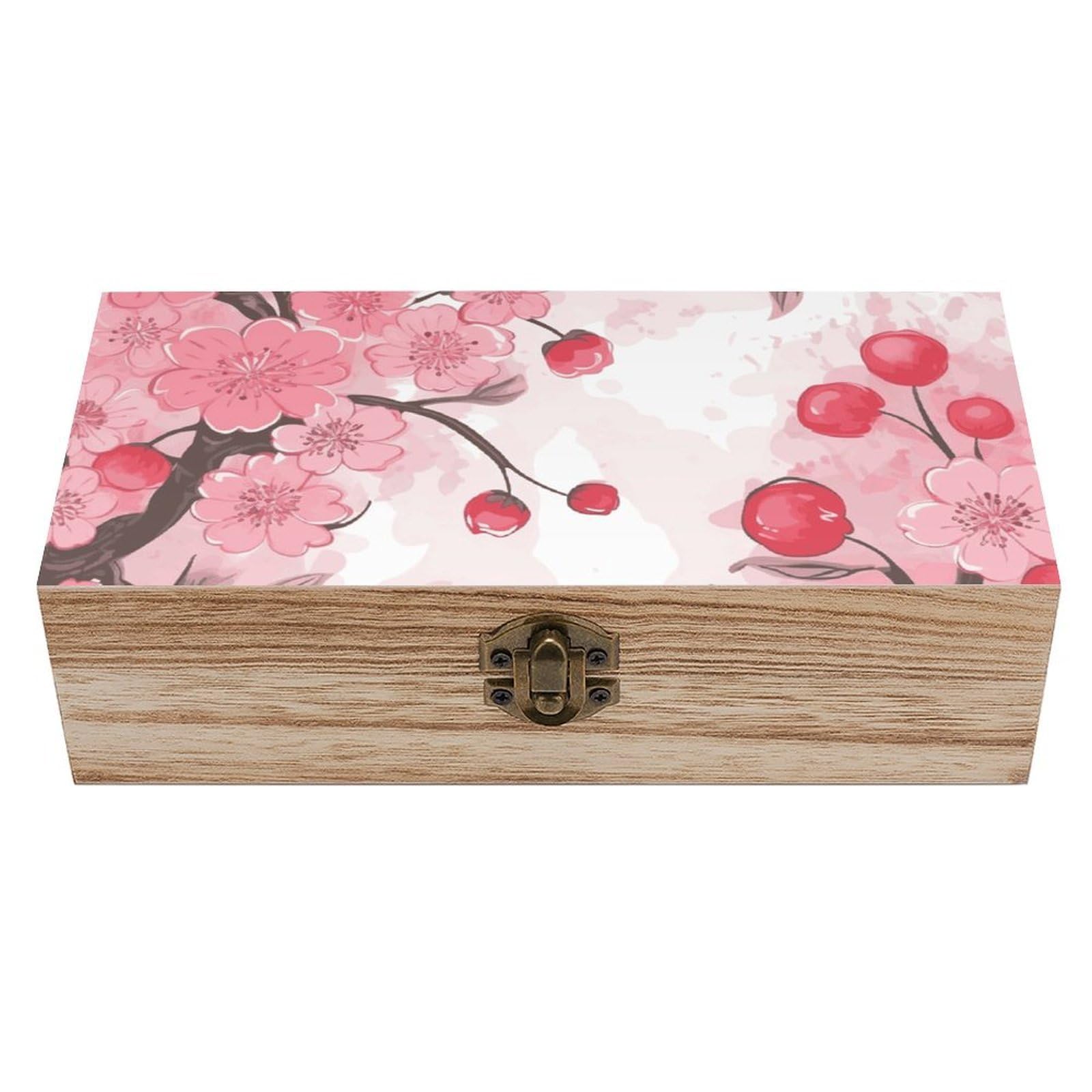 Ahdyr As Pic Pink Cherry Floral Wooden Storage Boxes With Hinged Lid Jewelry Box With Lock Memory Keepsake Boxes For Letters,Crafts And Photo Storage