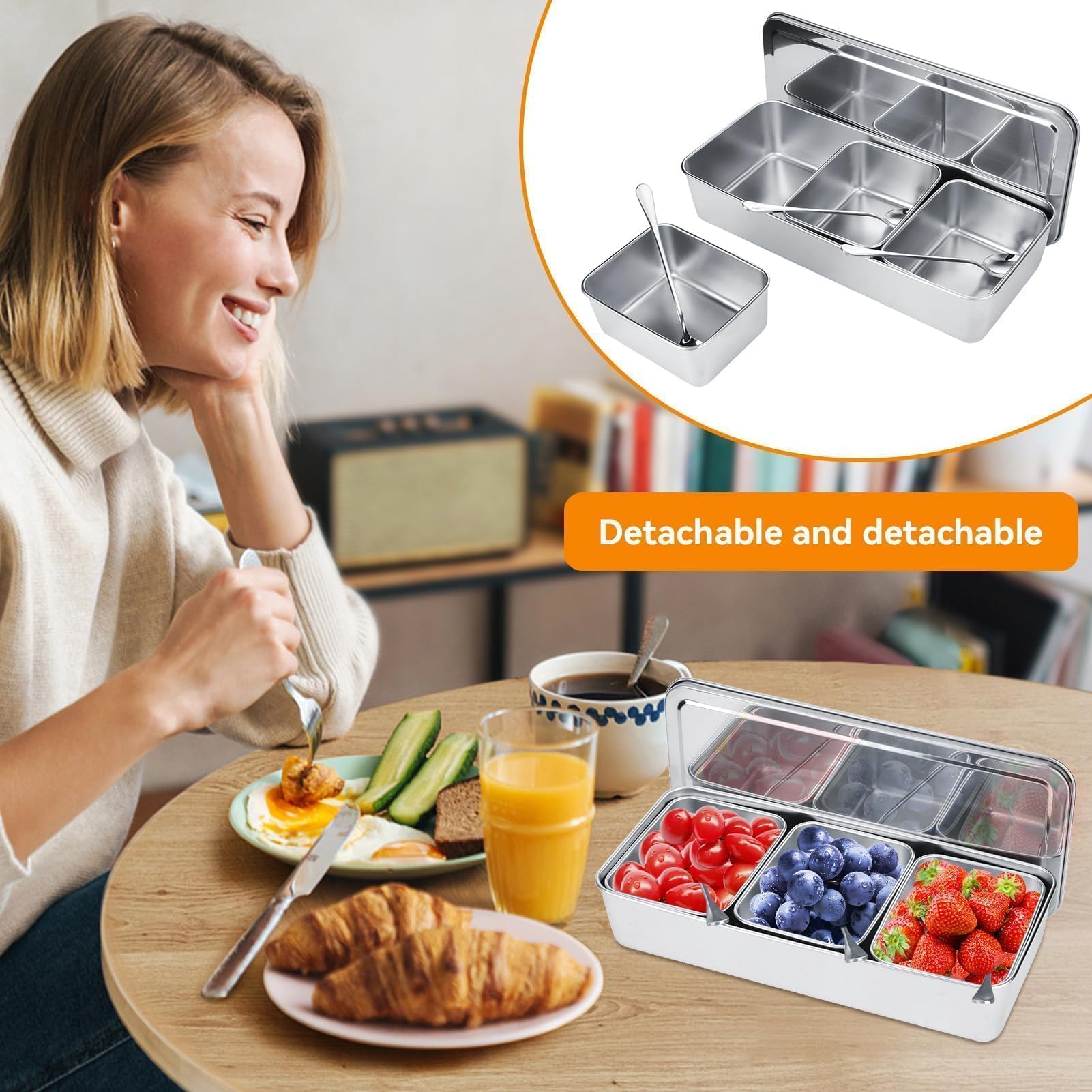 Set di contenitori per condimenti in acciaio inox, con 3 scomparti, per spezie, sale, zucchero, utensili da cucina e condimenti, con coperchio per cucchiai