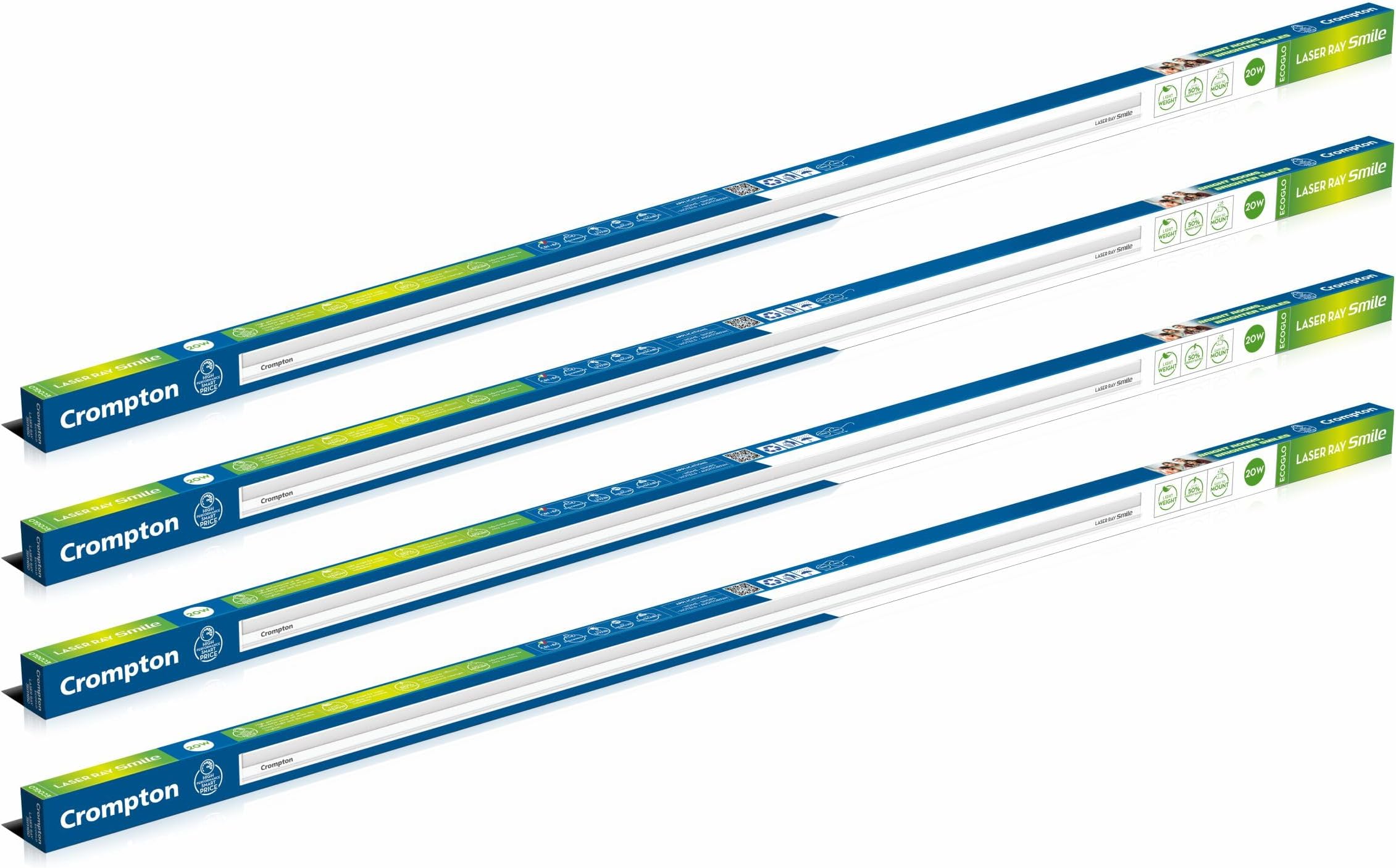 CromptonLaser Ray Smile 20W LED Batten |4 feet Slim Batten for Living Room & Bedroom | Energy Efficient Tubelight for Home | BIS Approved | Cool Day Light (6500K) (Pack of 4)