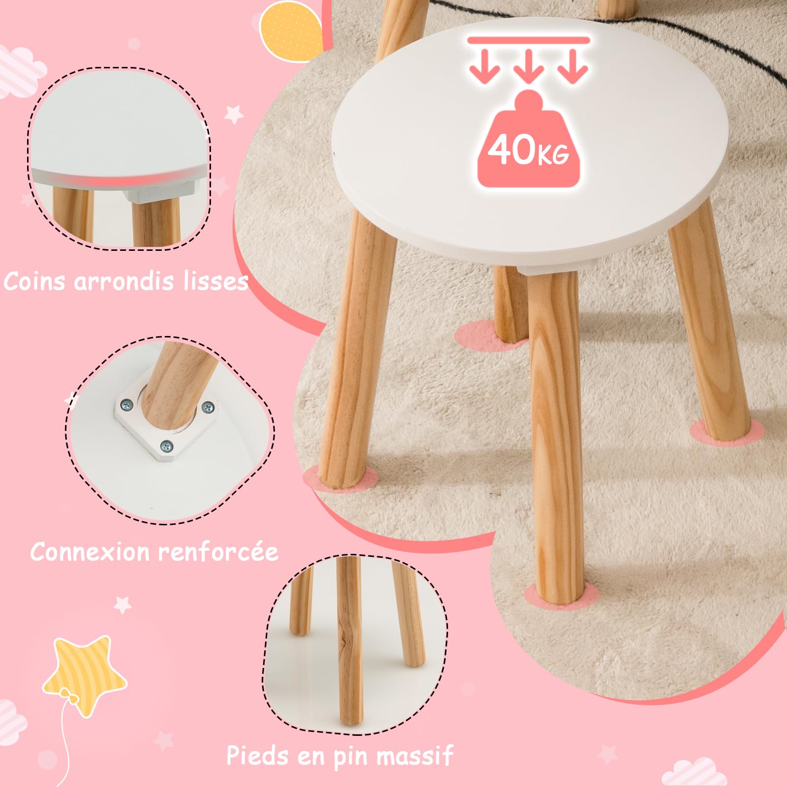 DREAMADE Coiffeuse Enfants Fille 3-7 Ans avec Tabouret Bureau d'Écriture 2 en 1 avec Miroir Carré Amovible&2 Tiroirs Table de Maquillage Princesse Charge 20+40 KG (Blanc)