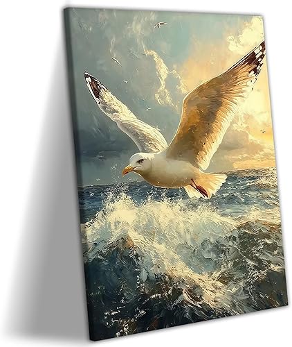 Lienzo enmarcado de gaviota, pintura de pared, olas del océano, paisaje marino, lienzo impreso, imagen de obra de arte para sala de estar,