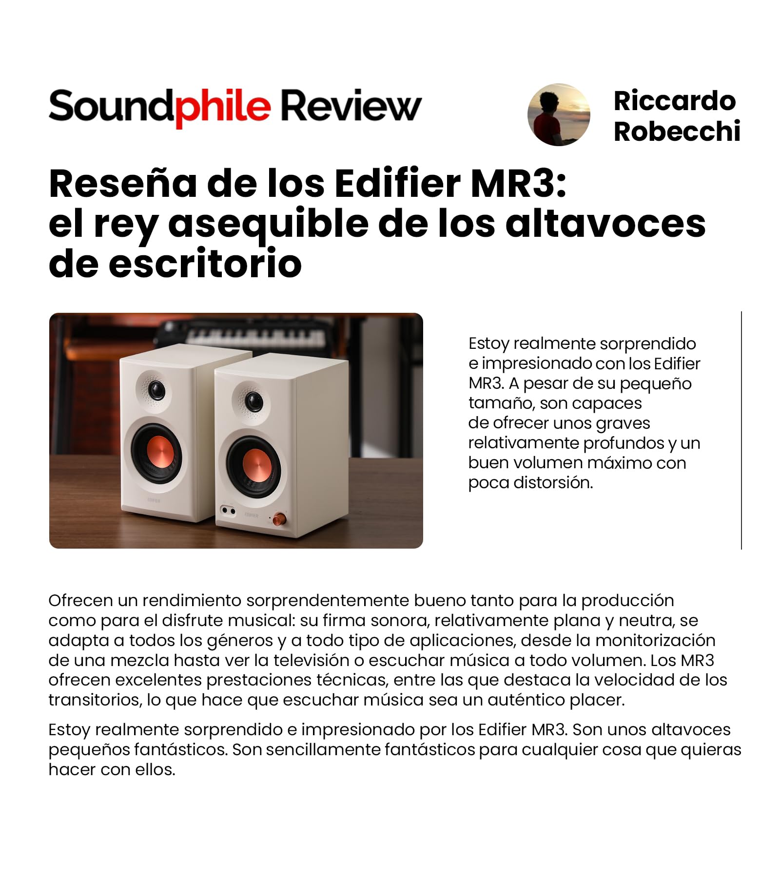Edifier MR3 - Altavoces de Estudio compactos 2.0, Hi-Res Audio, Bluetooth V5.4, Controles físicos, RCA, AUX, Aplicación móvil, 2x18W, Blanco