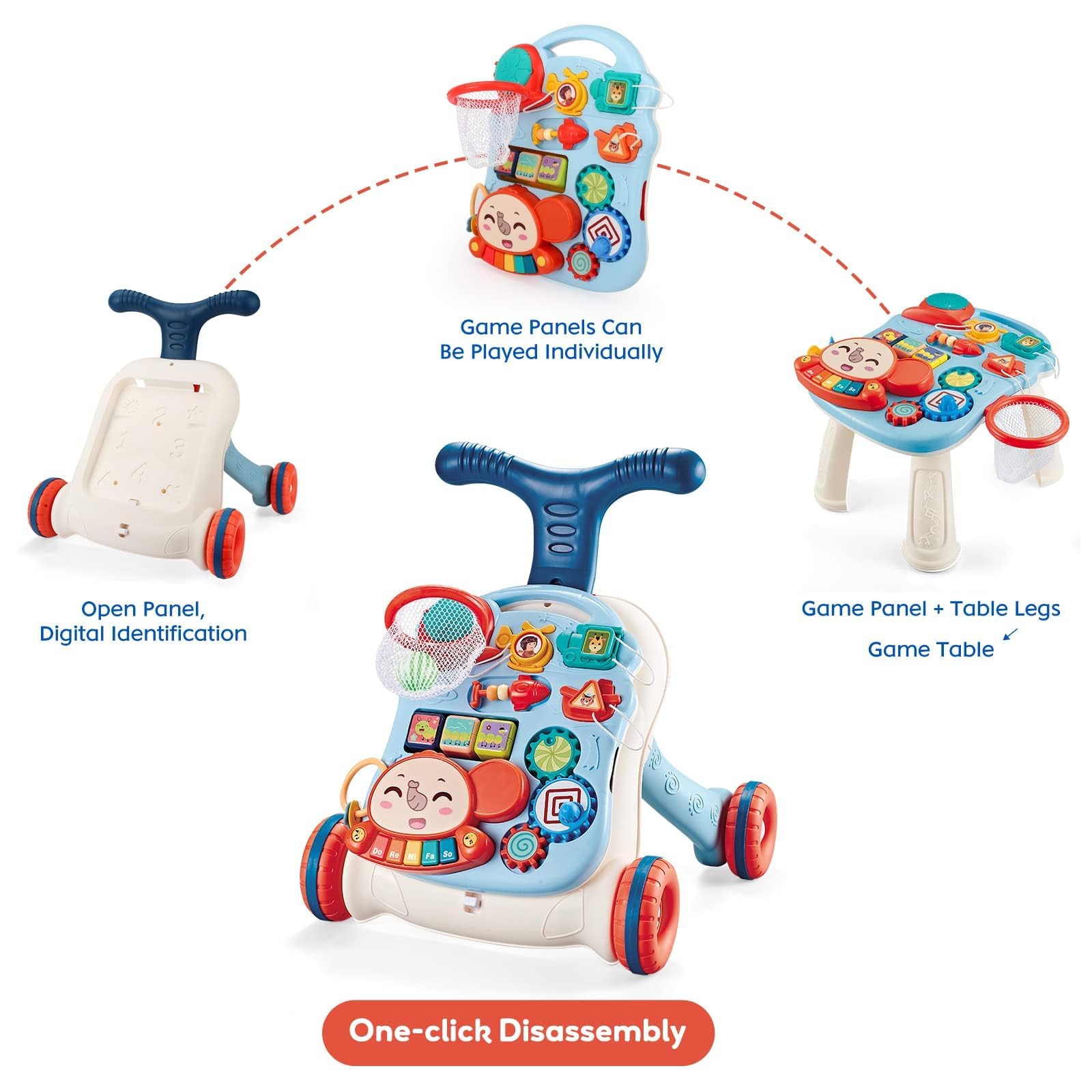 Primi Passi per Bambini, 3 in 1 Girello per Bambini, Piastra da Gioco Rimovibile, Centro di Attività Educativa Precoce, Girello con Ruote in Gomma, Giocattolo per Bambini 6+ Mesi, Blu e bianco