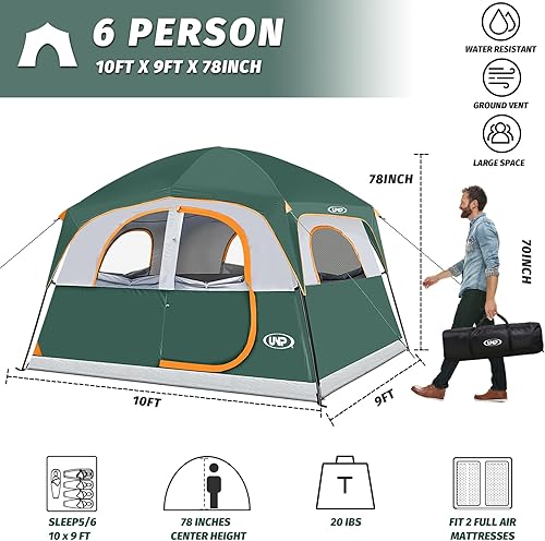 Miniatura 2 de UNP Carpas para 6 personas, impermeable, resistente al viento, fácil instalación, tienda de campaña familiar de doble capa con 1 puerta de malla y 5