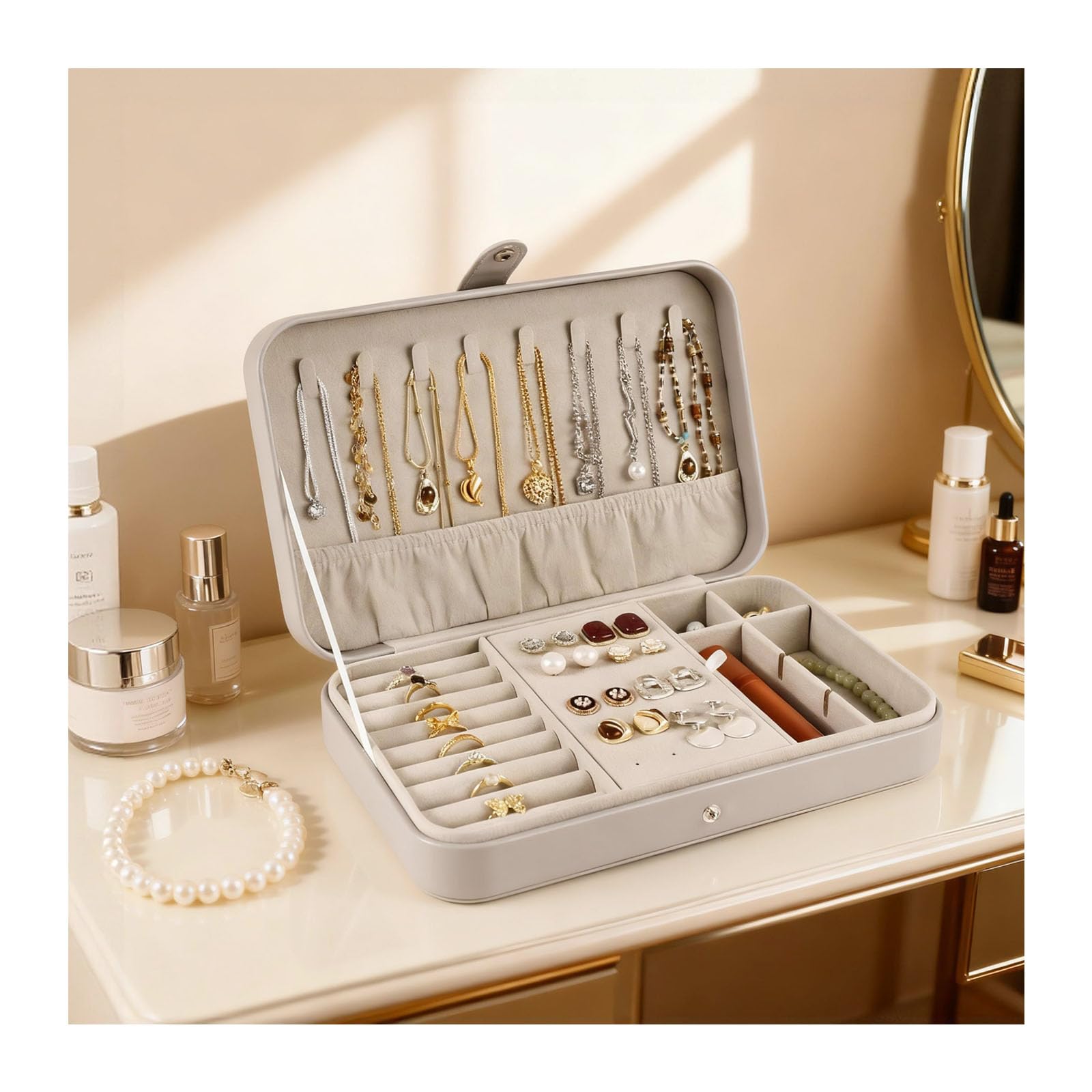 Luxury Small Travel Jewelry Box with Earring Compartments Rectangle Jewellery Organizer Case for Women Valentines Day Gift Jewelry