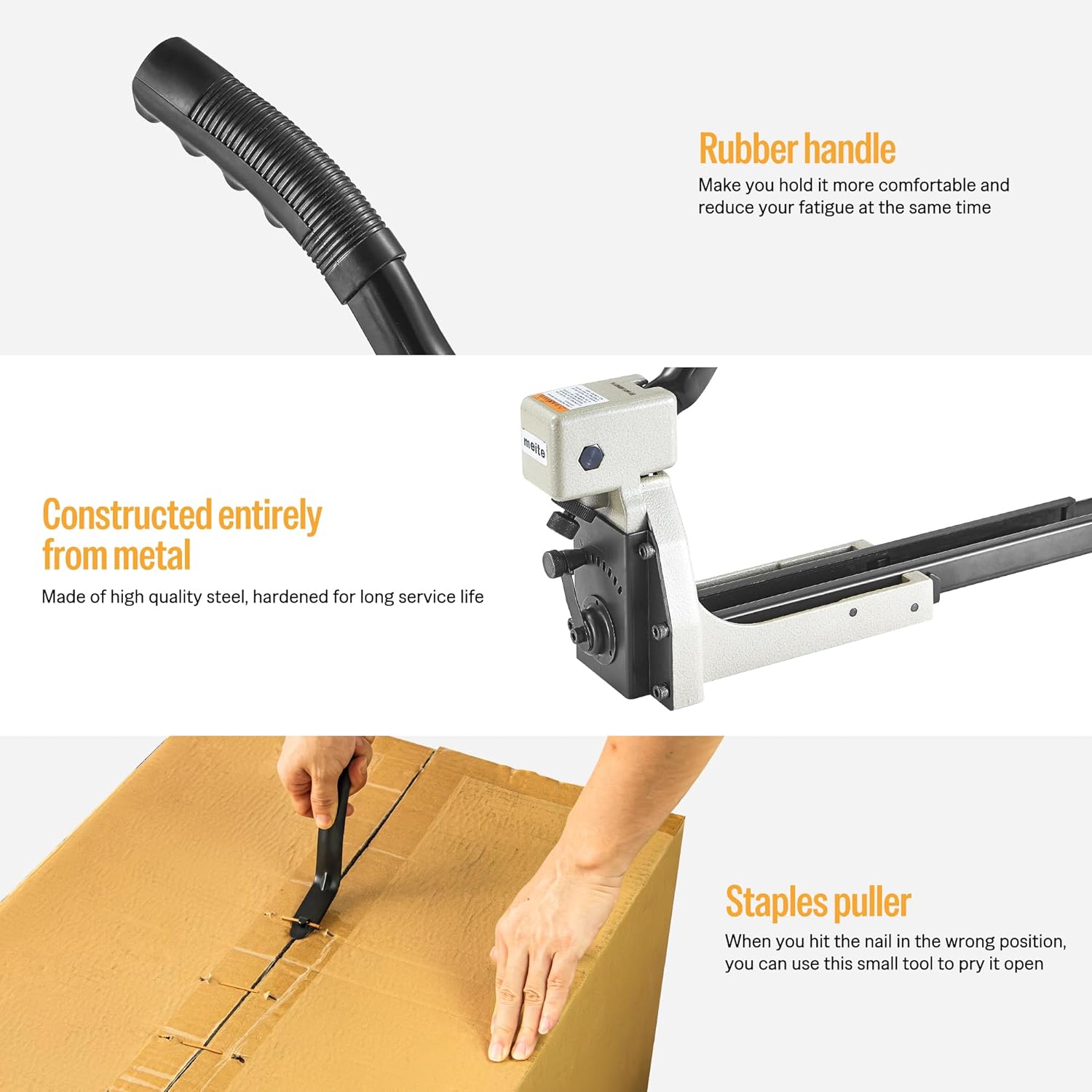 meite Box Stapler HB3518 Manual Carton Closer 16 Gauge Heavy Duty Packaging Stapler for Corrugated Case, Depth Dial for 1-8mm Cardboard, Accepts 1-3/8" Crown 3/4" Leg Staples, No Air Needed