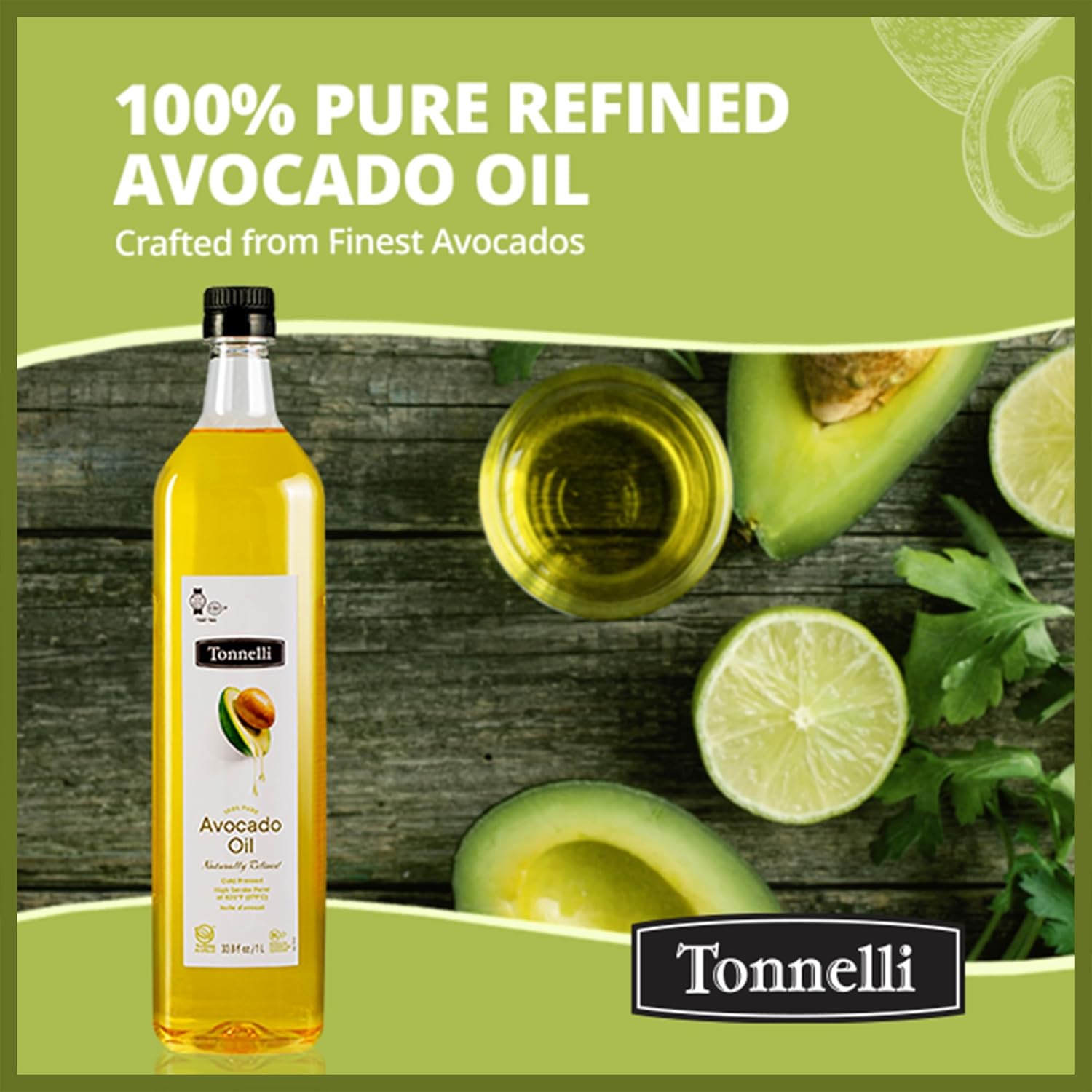 Tonnelli Premium Cold Pressed Naturally Refined Avocado Oil, 1 Liter (2 Pack) | High Smoke Point 520F | Product of Spain | Certified Kosher (including Passover)