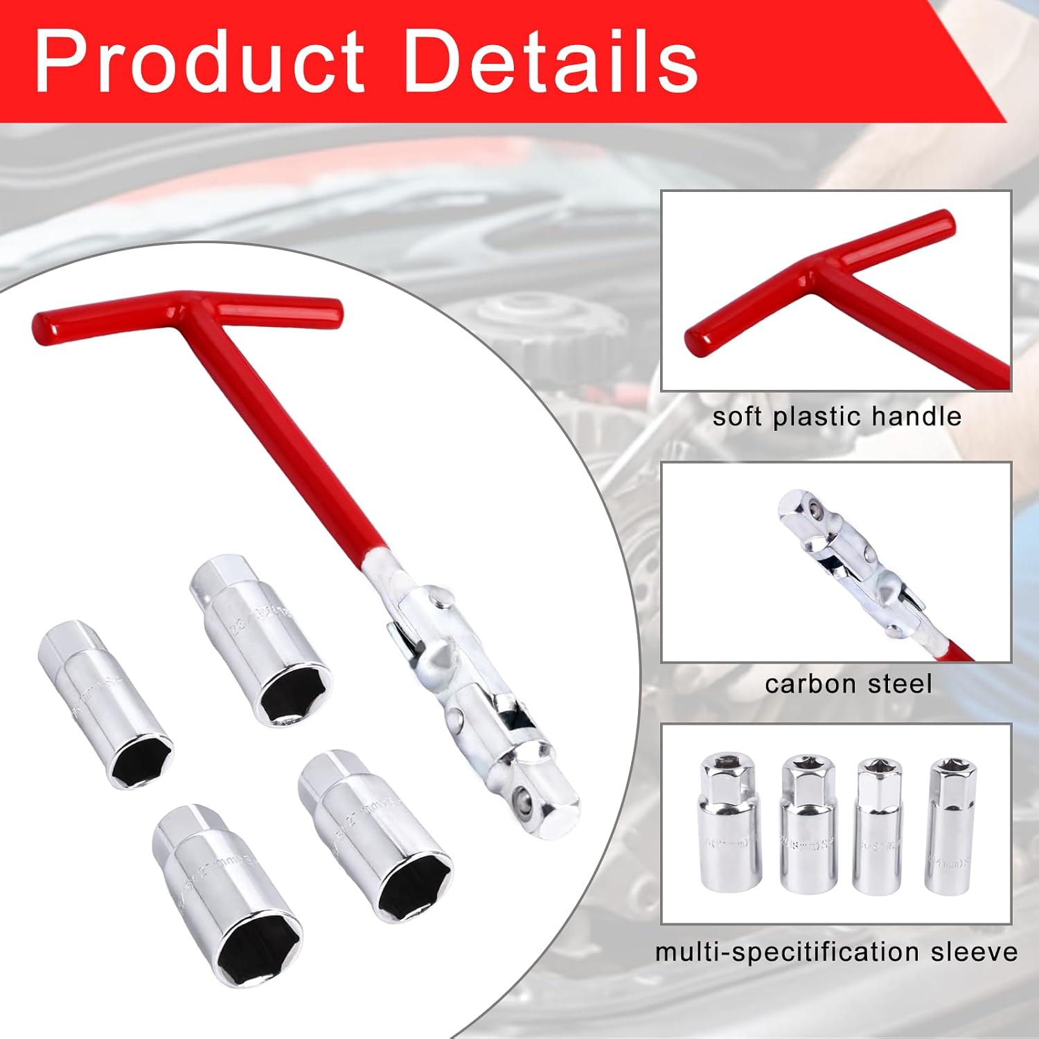 5 Pcs Spark Plug Socket Professional T-Handle Wrench 0.55in, 5/8in, 0.71in and 13/16in, Spark Plug Socket Set for Lawn Mowers, Motorcycles, Small Motor Vehicles, Snowblowers, etc