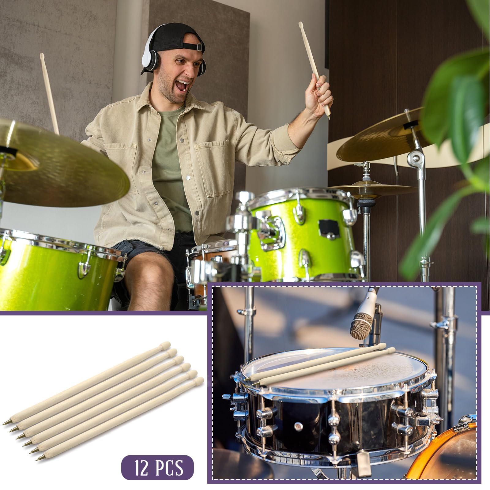 Sayglossy 12 baquetas de madera, bolígrafos divertidos con forma de baqueta, bolígrafos de música, regalos para bateristas, desde kit de papelería hasta kit de batería, suministros de oficina