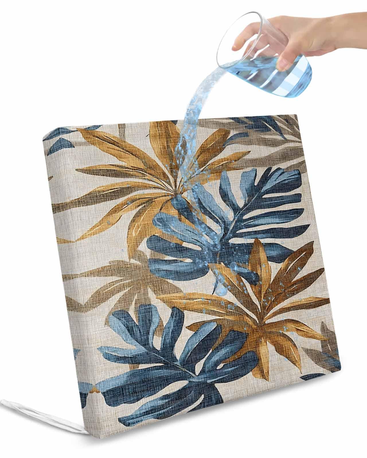 2 Pack Navy Blue Brown Waterproof Cushion Covers with Ties, Outdoor Patio Chaise Lounge Chair Seat Cushion Slip Covers Replacement(Only Cover) Vintage Elegant Botanical Palm Leaves 22