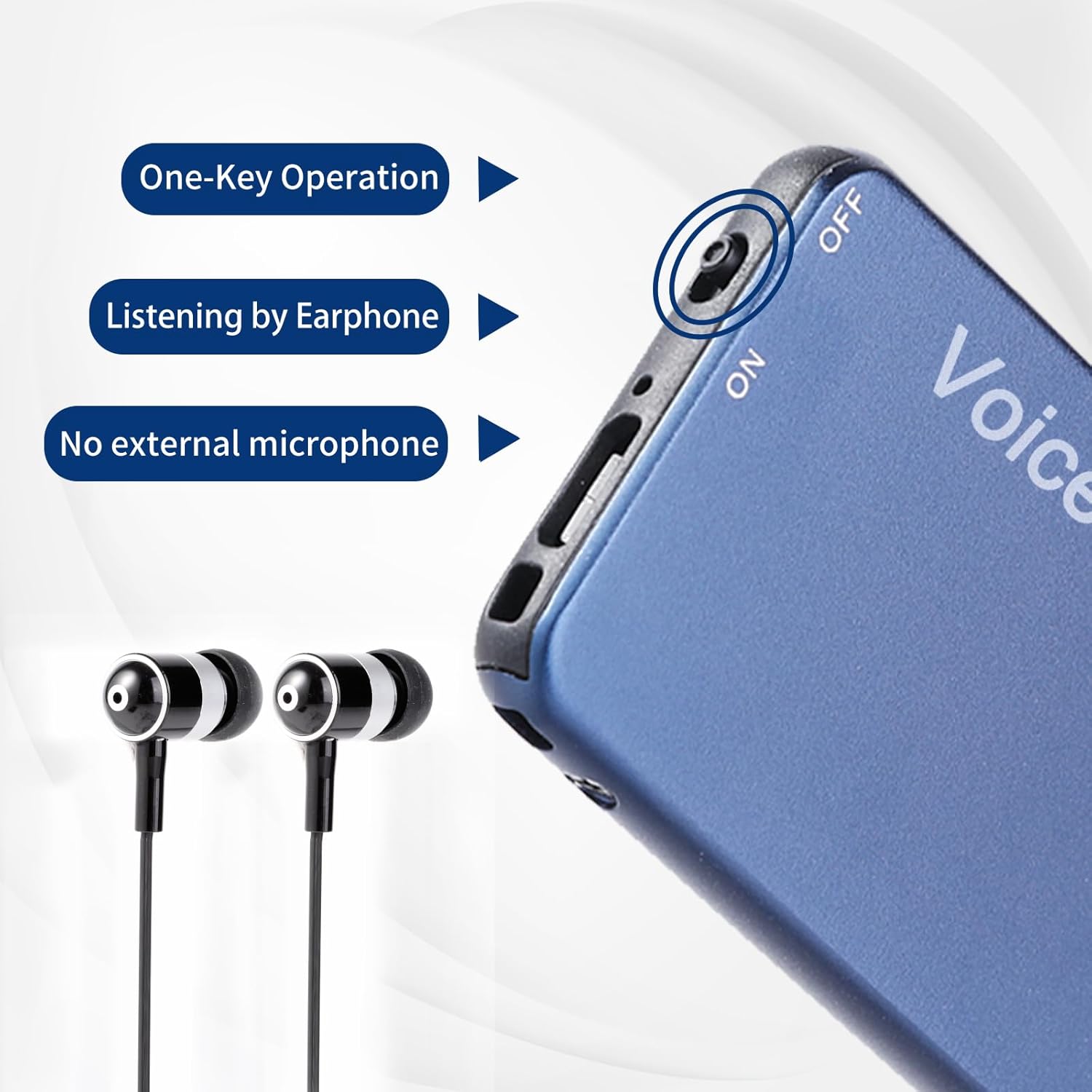 Close-up of the Vormooi Mini Voice Recorder showing the ON/OFF switch, earphone jack, and indicating one-key operation and no external microphone.