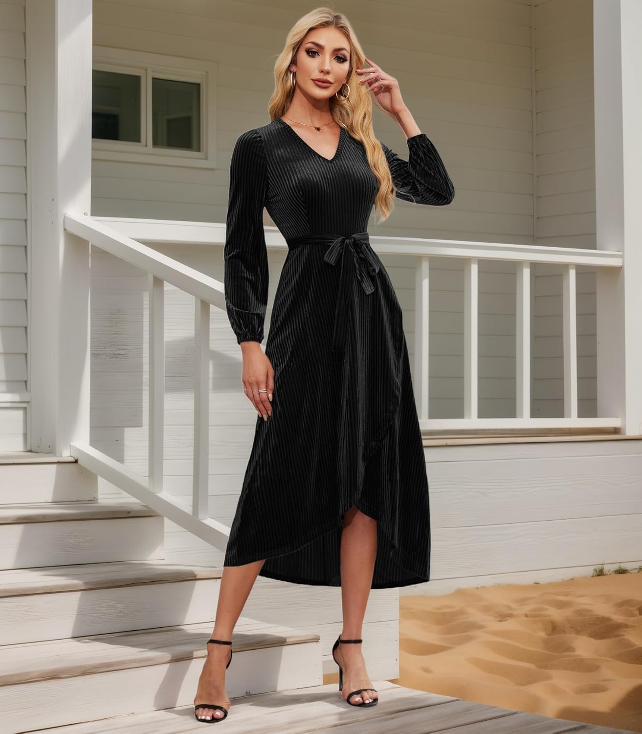 Women's Velvet V Neck Puff Sleeve Dress for Wedding Guest Cocktail Elegant Bodycon Party Midi Dress - Image 6