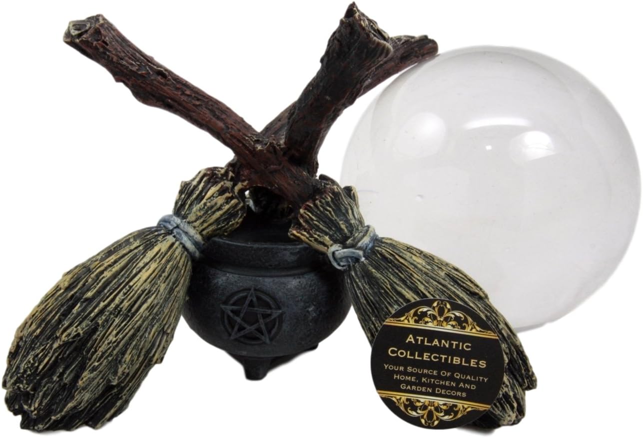Ebros Gift Wicca Psychic Fortune Teller Scrying Witch Crystal Glass Gazing Ball On Broomsticks and Potion Cauldron Figurine 8" H Witchcraft Wiccan Witches Decor Halloween Sculpture Decorative